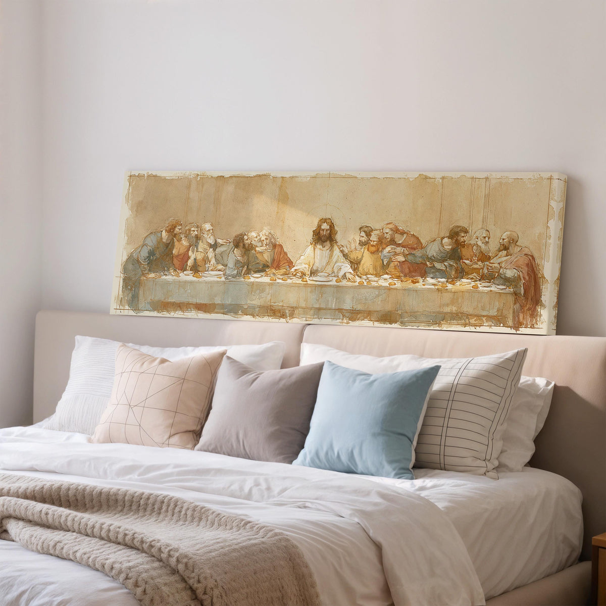 The Last Supper in a sepia sketch style wide panoramic canvas print above a bed in a bedroom