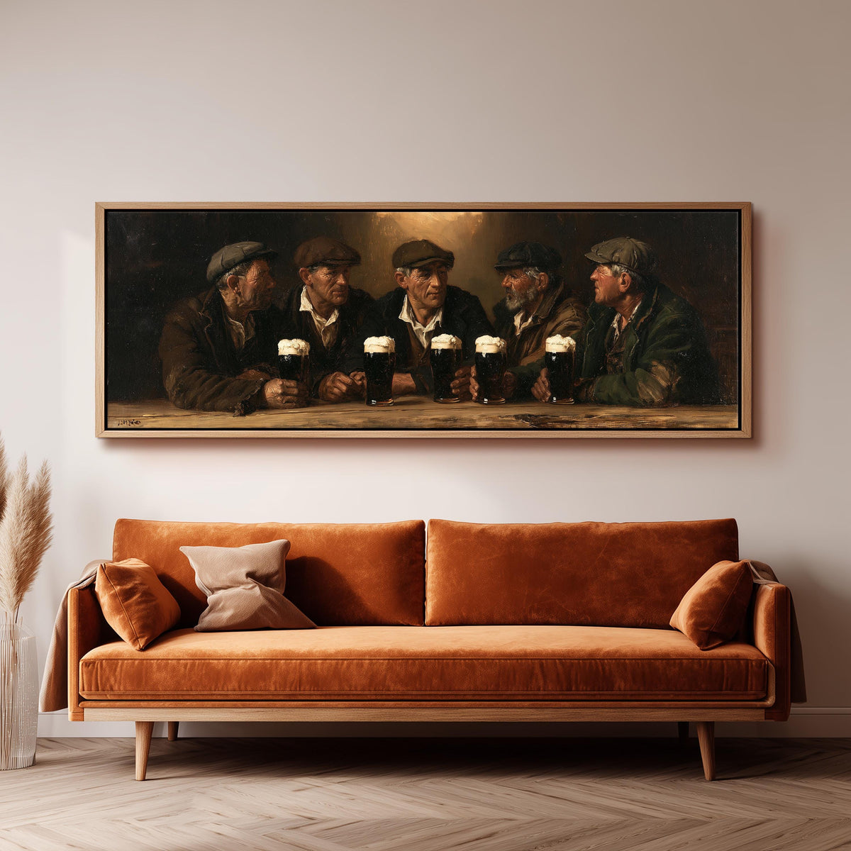 Friends toasting with stout in an Irish pub wide panoramic canvas print above a bench in a dark living room