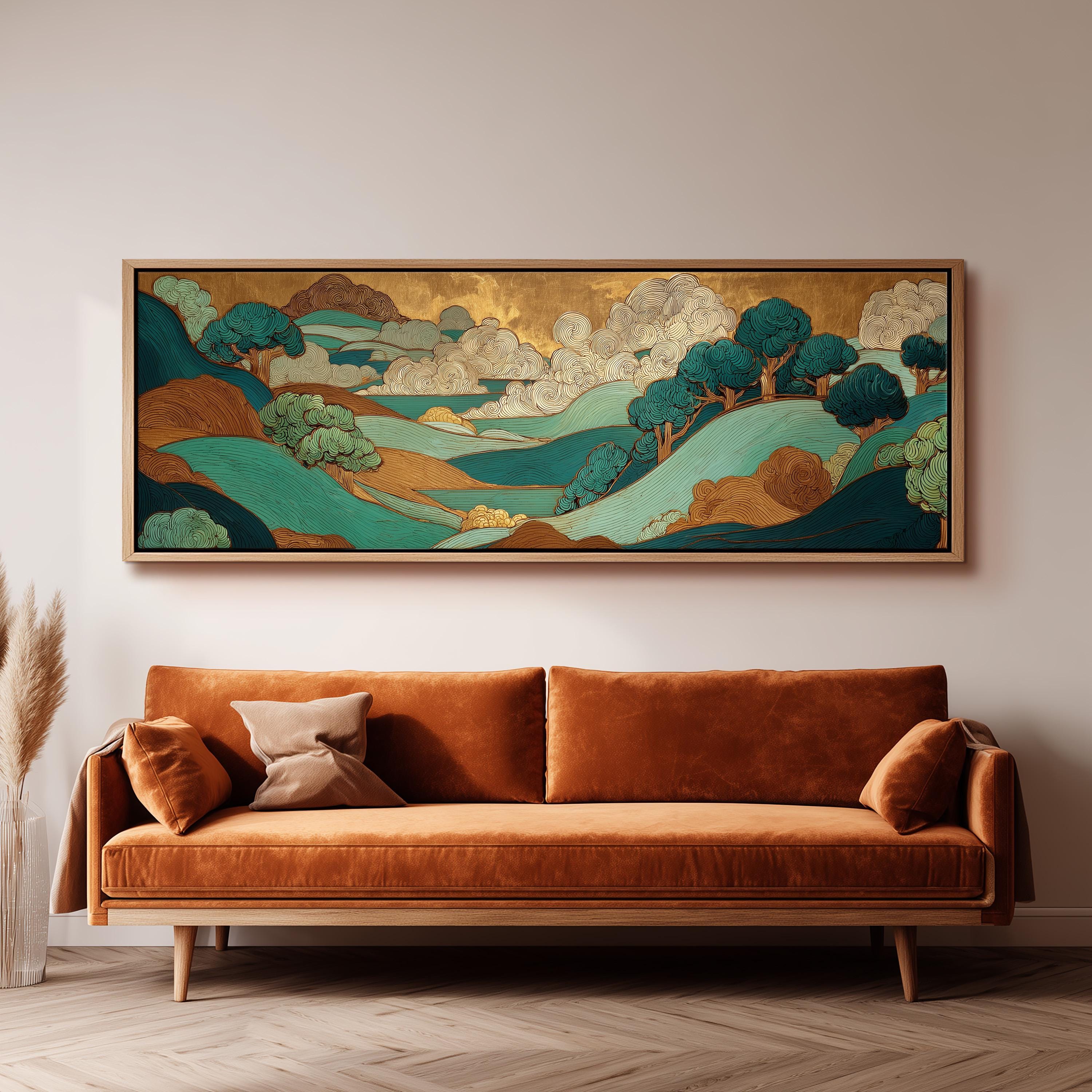 a large, colorful landscape painting hanging on a wall above a brown sofa with orange cushions.