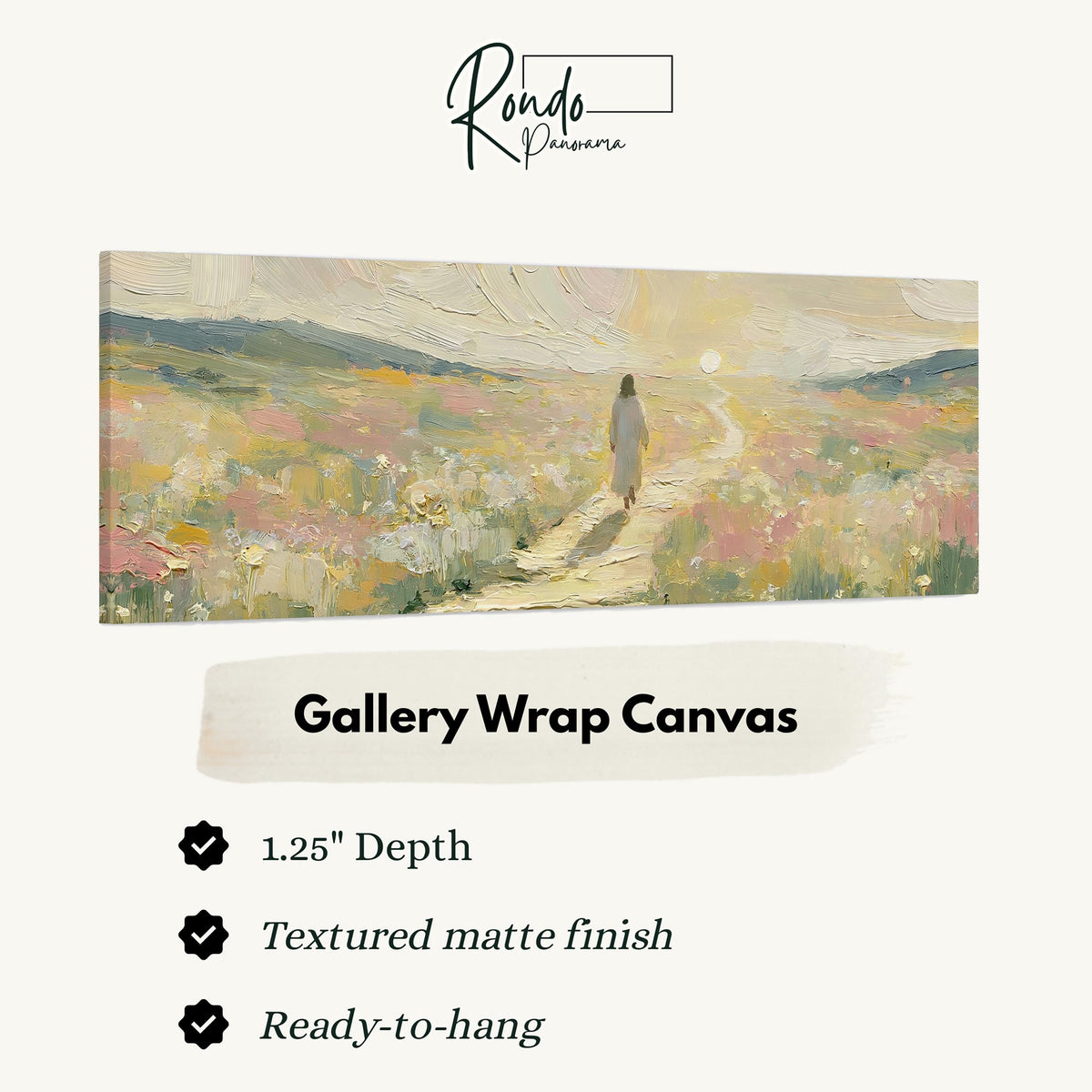 Jesus walking a pastel meadow path gallery wrap canvas with the image wrapped around the edges