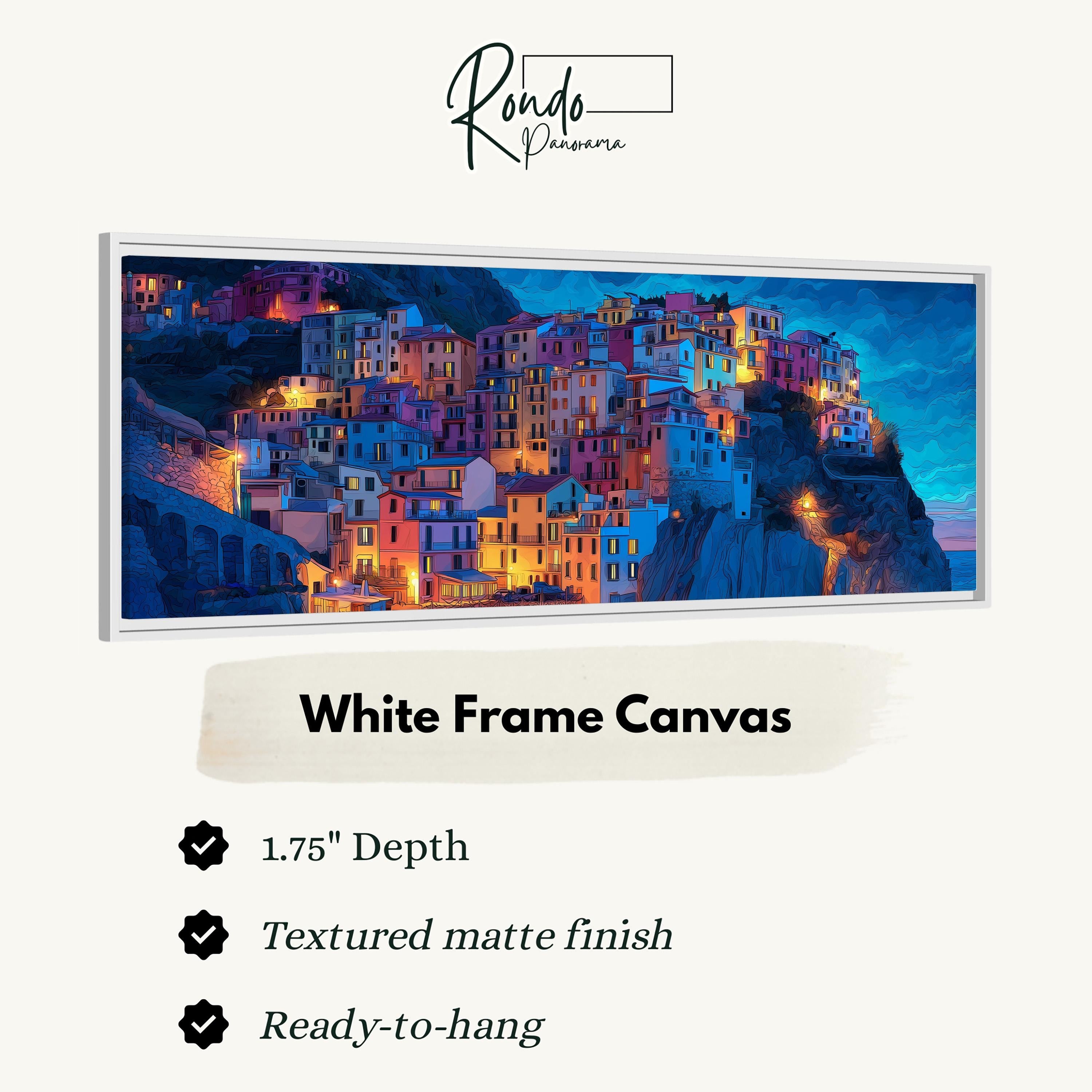 The image is a white frame canvas depicting a colorful, densely packed cityscape with buildings illuminated at night.