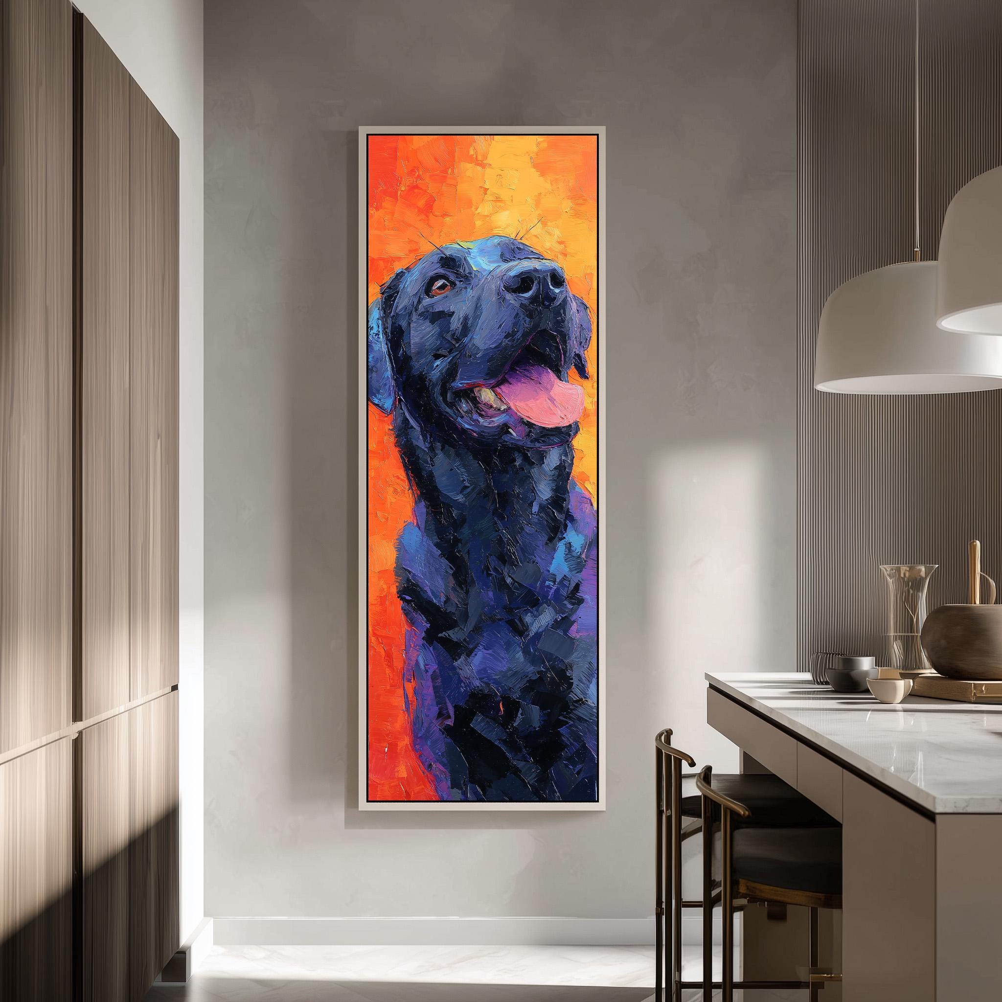 a large, vibrant painting of a black dog with a blue and orange background, hanging on a wall in a modern kitchen.