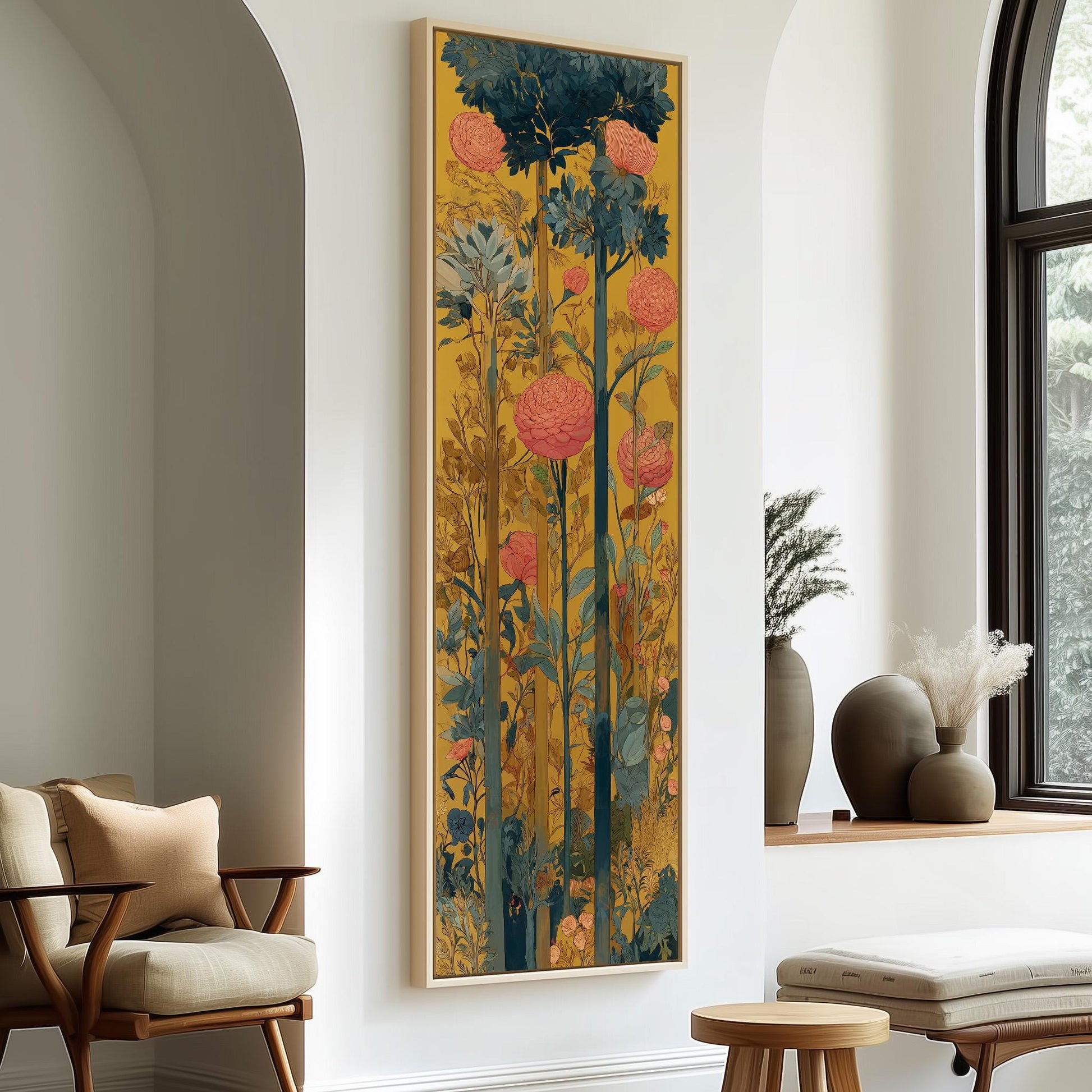 a large, colorful painting of flowers hanging on a wall in a room with a wooden chair and a small table.
