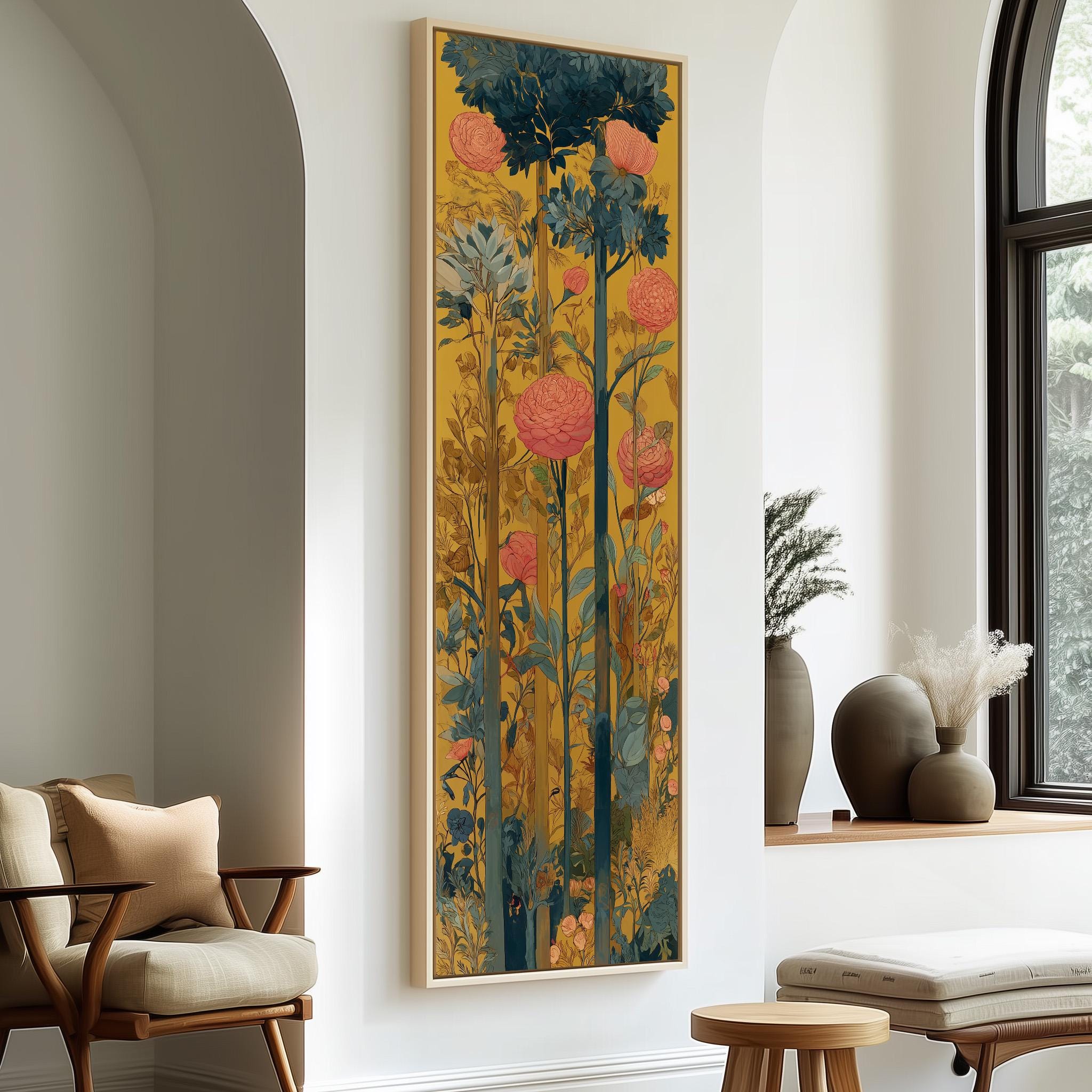 a large, colorful painting of flowers hanging on a wall in a room with a wooden chair and a small table.