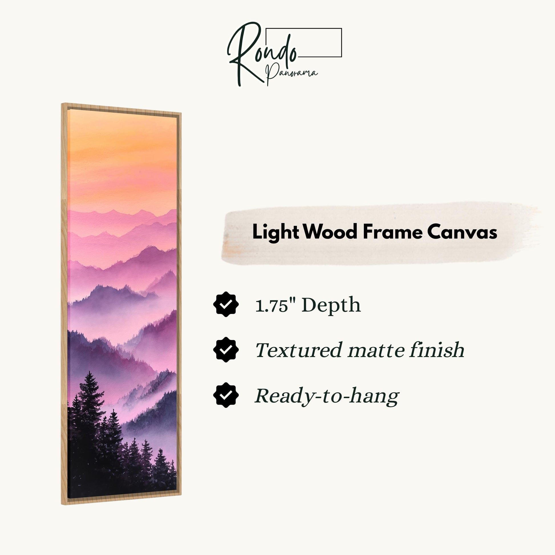 The image is a light wood frame canvas depicting a mountain landscape with a sunset.