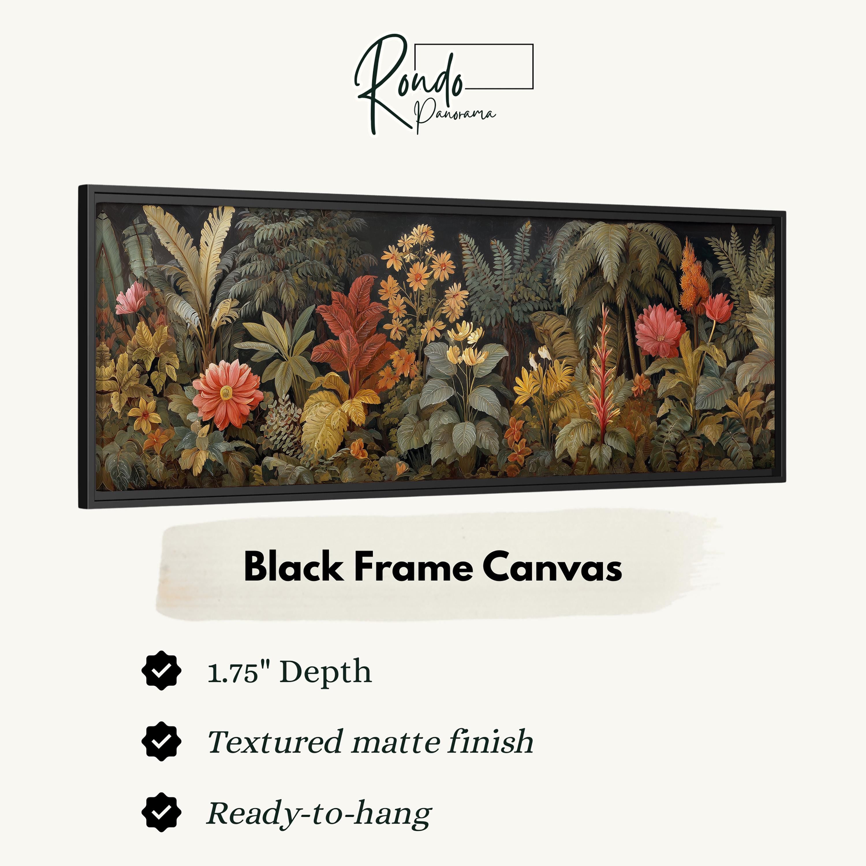 The image is a black frame canvas featuring a lush, tropical garden scene with various plants and flowers.