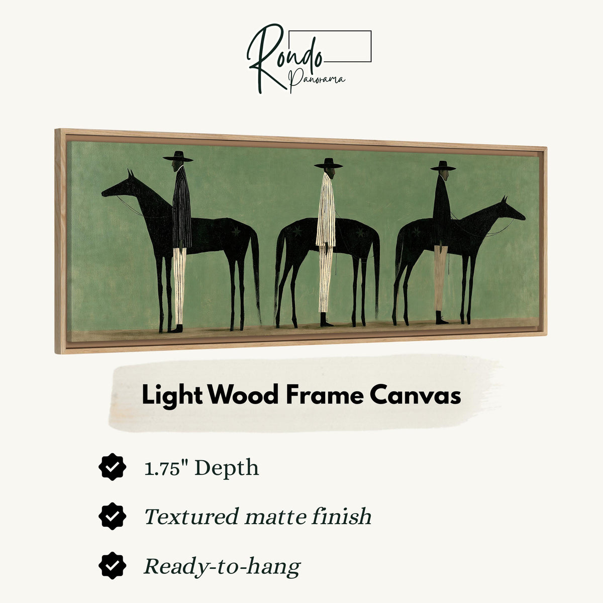 Three stylized cowboys with horses on sage green canvas print in a light wood floating frame