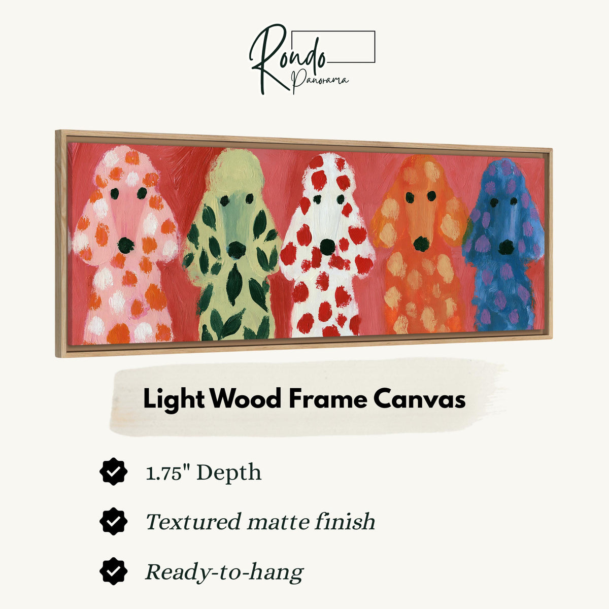 Five colorful poodles canvas print in a light wood floating frame