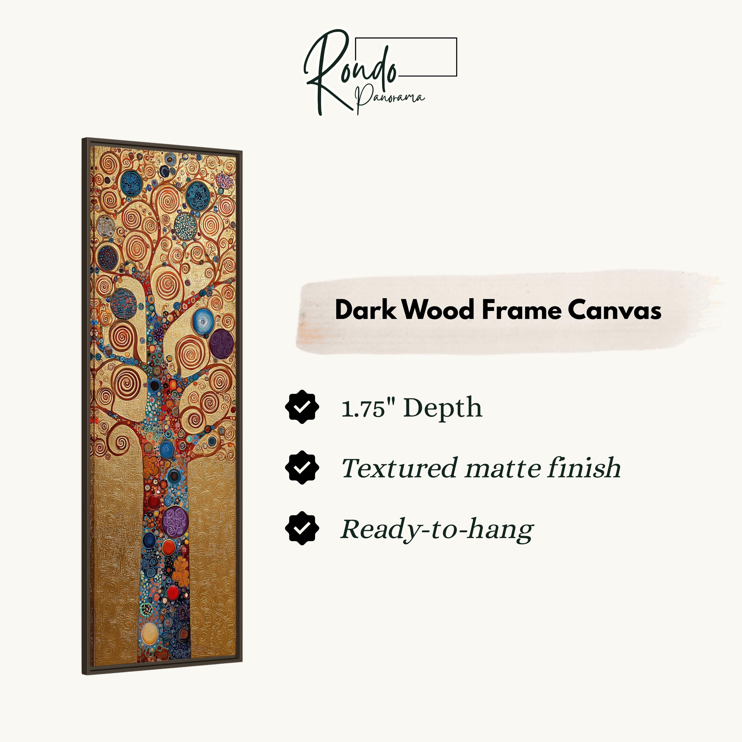 The image is a dark wood frame canvas featuring a tree with a swirling pattern in shades of orange, blue, and purple.