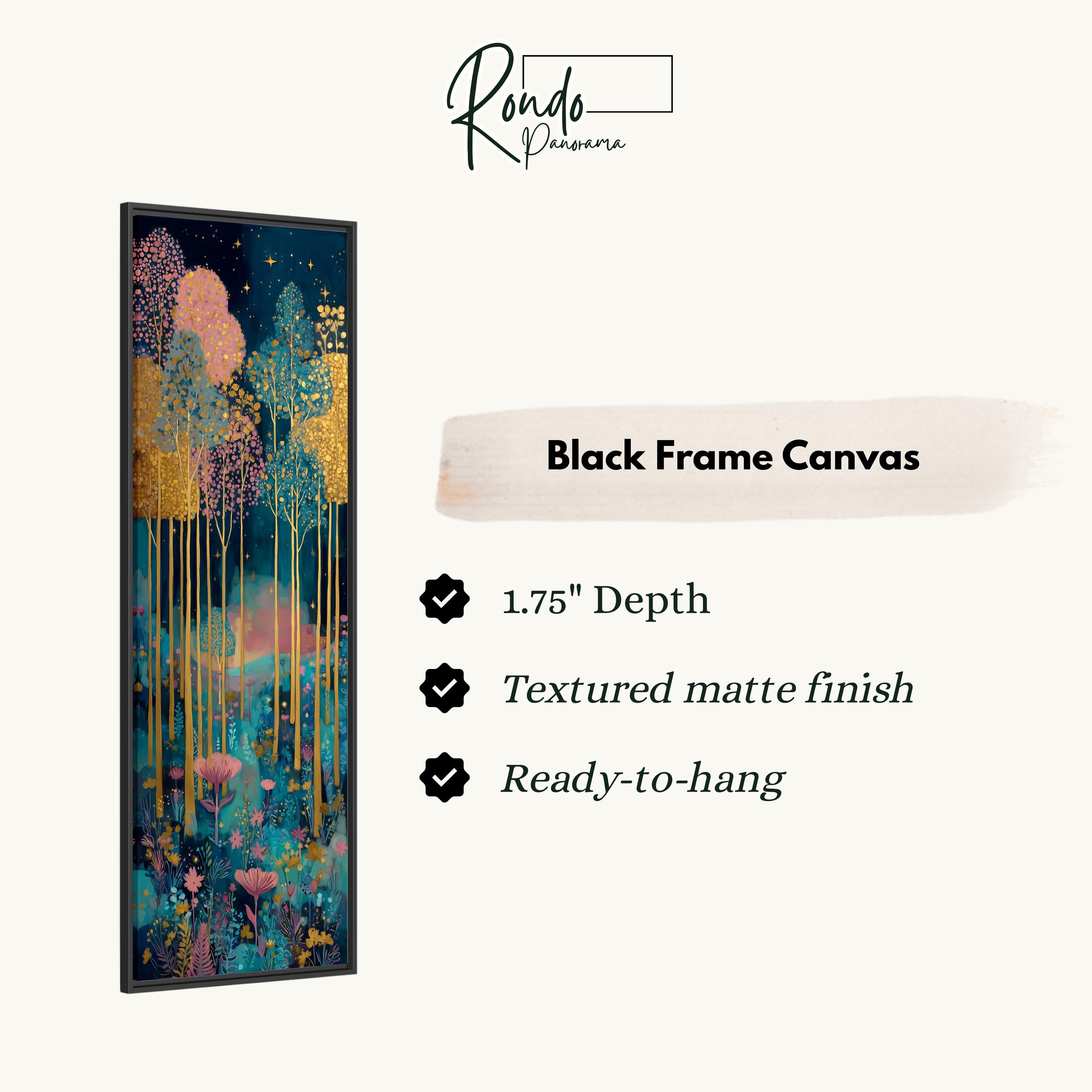 The image is a black frame canvas with a vibrant, colorful abstract painting depicting a forest scene with tall trees and flowers.