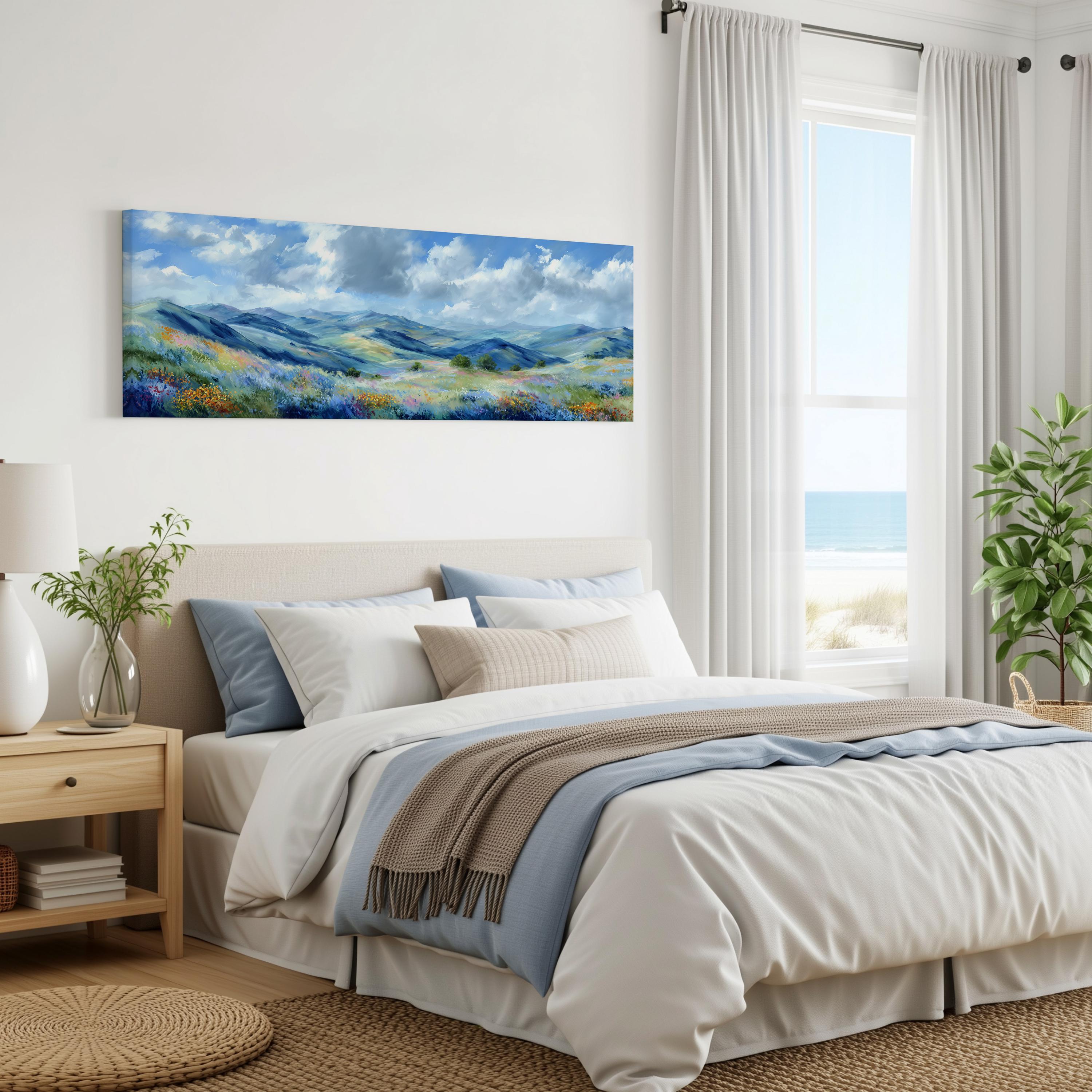 a serene bedroom with a large bed, a painting of a countryside landscape hanging on the wall, and a window overlooking the ocean.