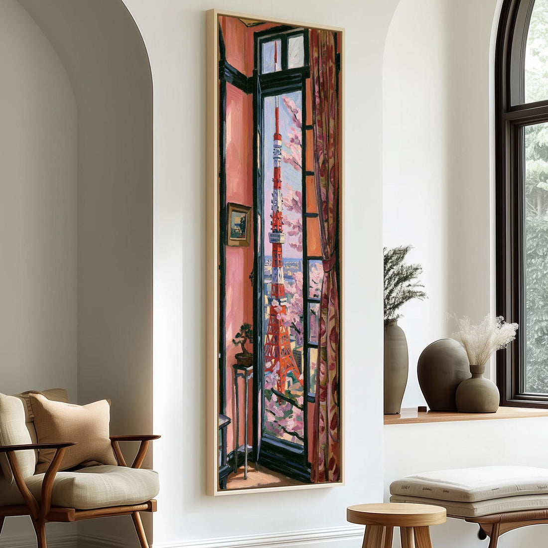 Tokyo Tower and cherry blossoms through a tall window long vertical canvas print in a sunlit living space