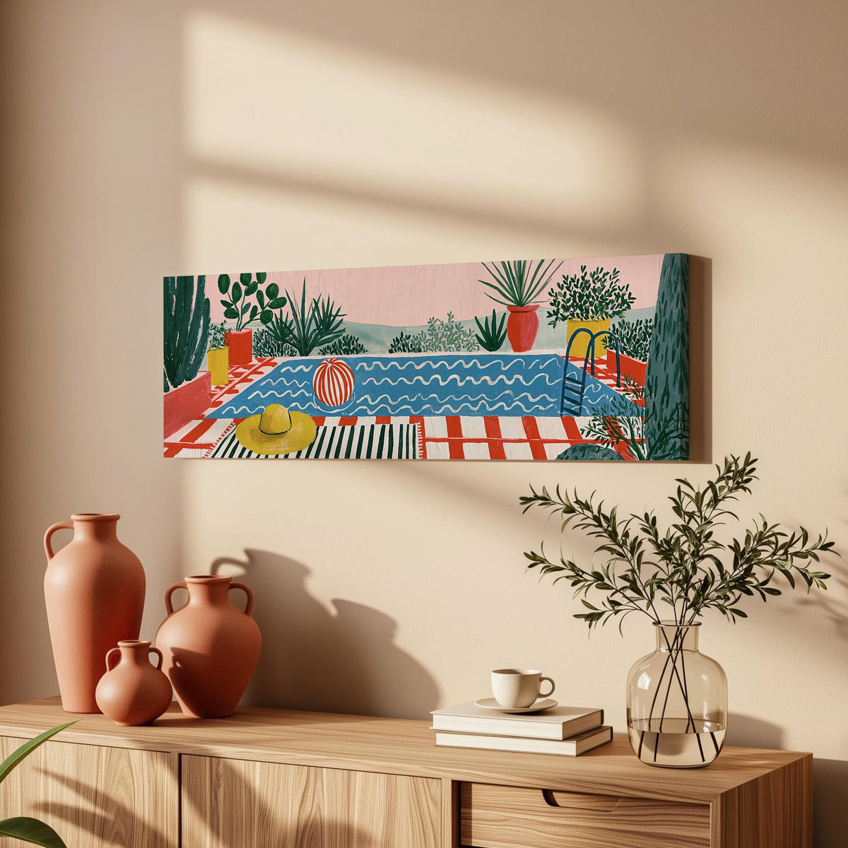 Colorful poolside courtyard long horizontal canvas print above a wooden sideboard