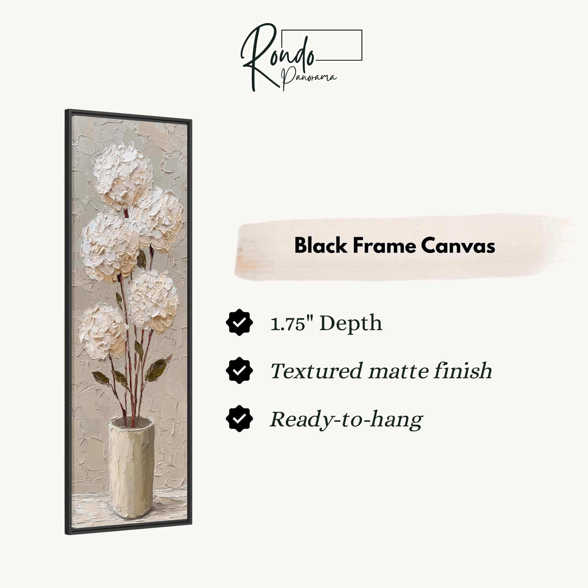 The image is a black frame canvas featuring a painting of white hydrangeas in a vase.