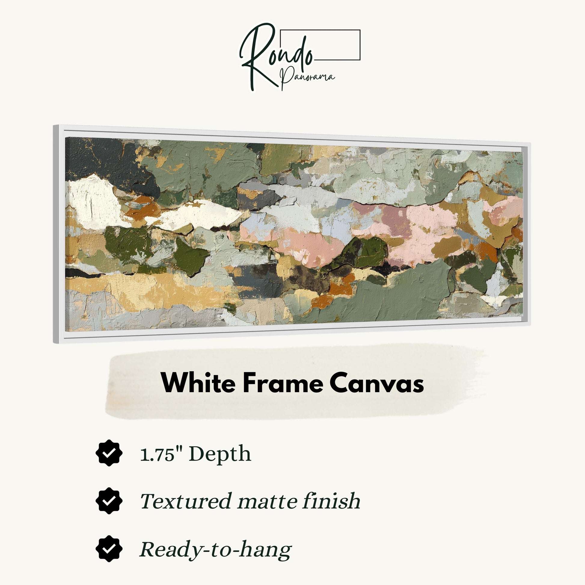 The image is a framed artwork with a white frame, depicting a textured, abstract landscape with various shades of green, brown, and gray.