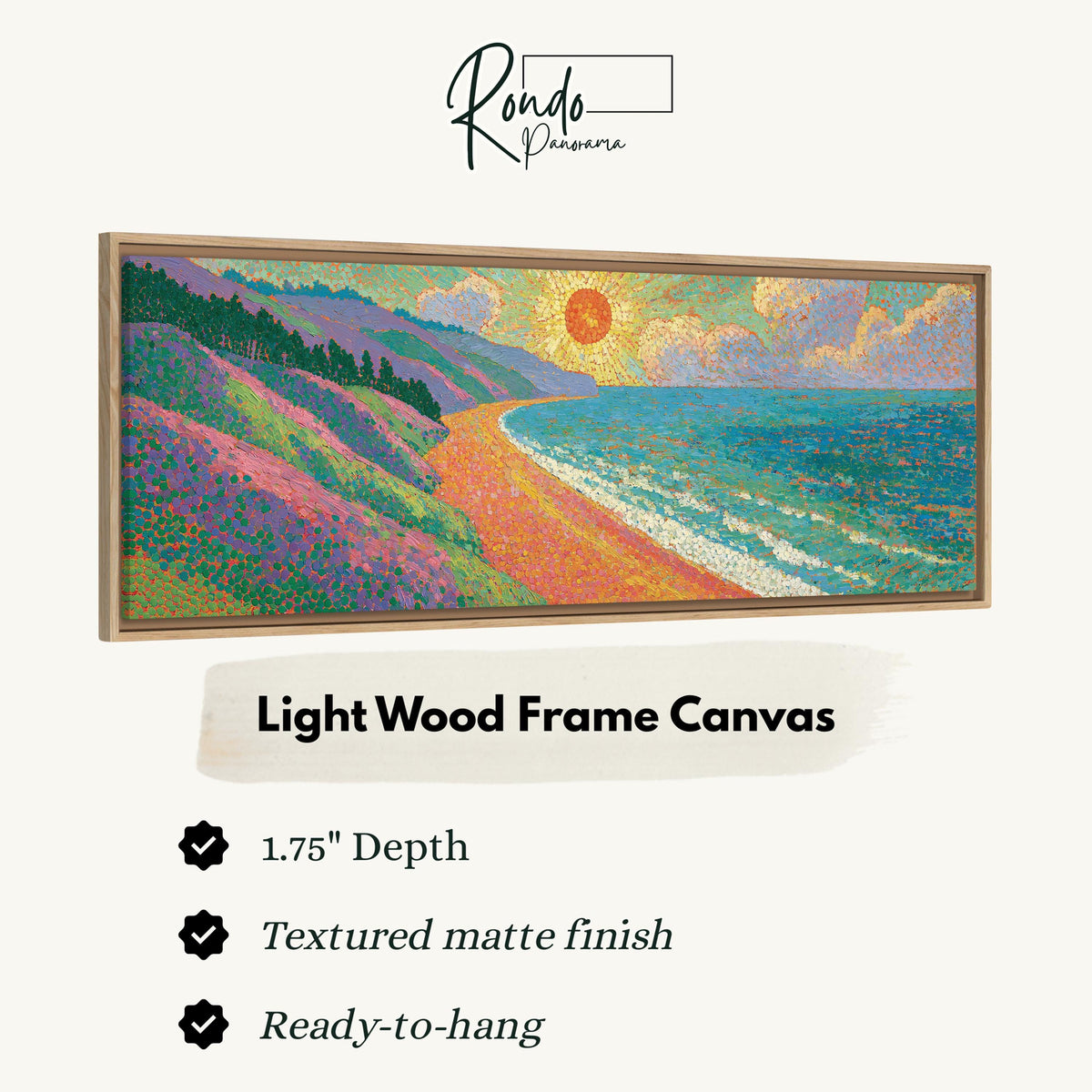 Coastal cliffs at sunset canvas print in a light wood floating frame