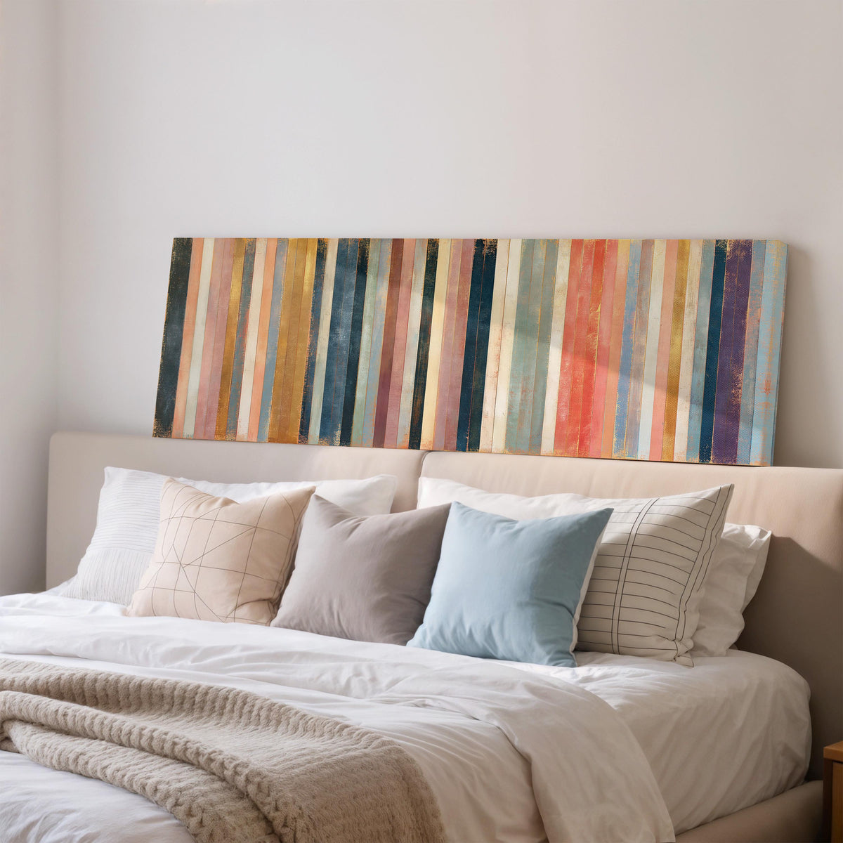 Blush, navy and gold gilded stripes wide panoramic canvas print above a bed in a bedroom