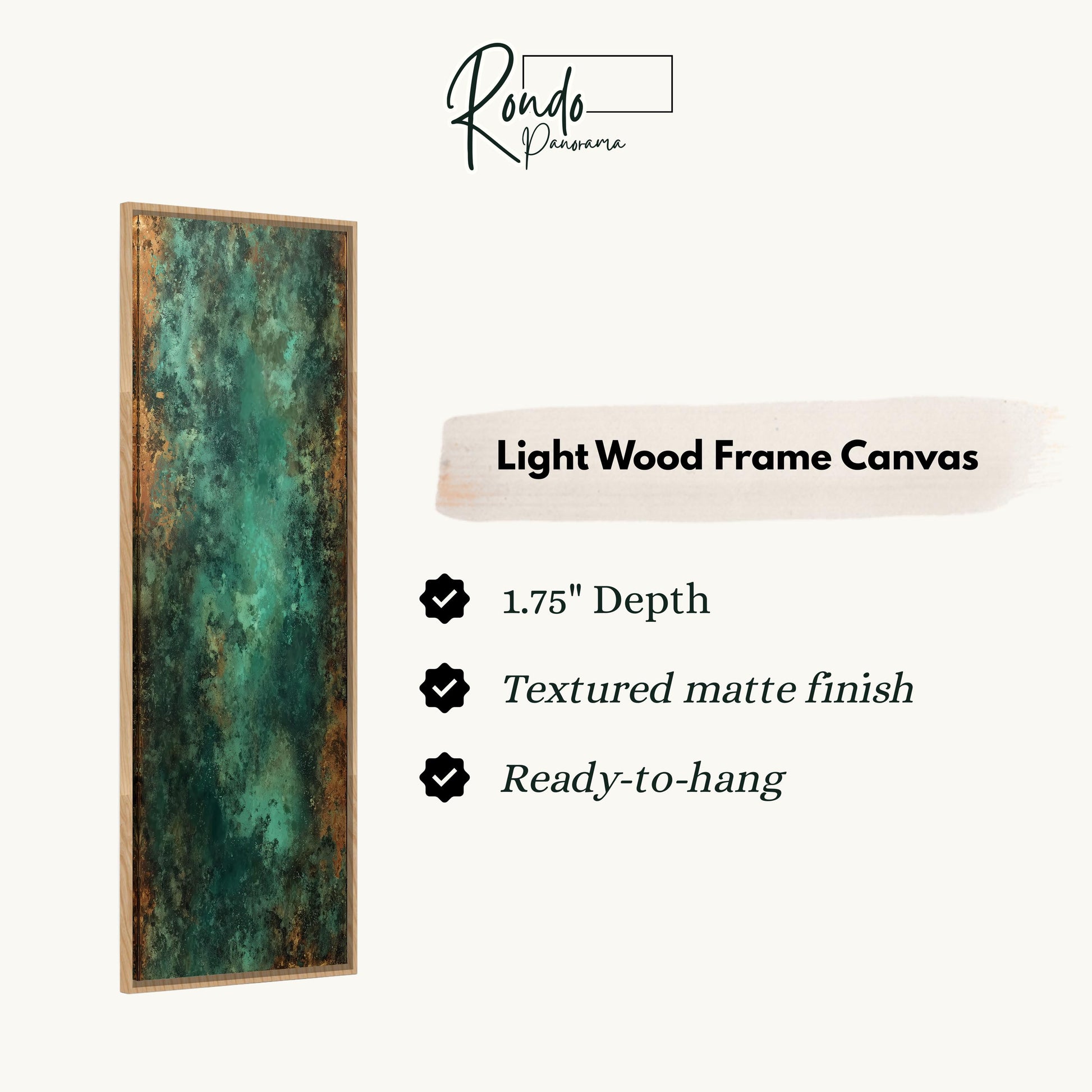 The image is a product advertisement for a light wood frame canvas. It features a close-up of a textured matte finish and a 1.75" depth. The text highlights the features of the canvas, such as the textured matte finish and the 1.75" depth.