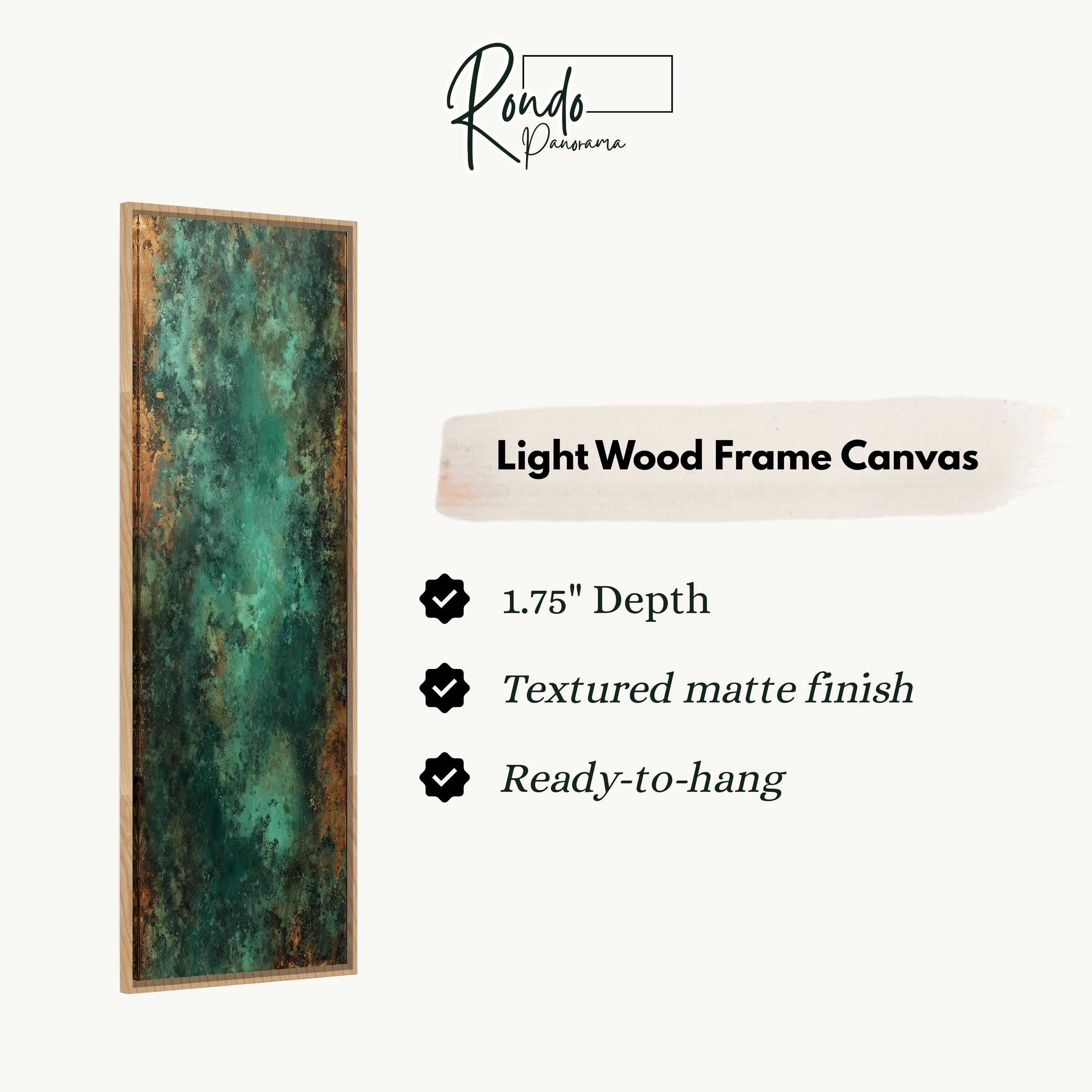 The image is a product advertisement for a light wood frame canvas. It features a close-up of a textured matte finish and a 1.75" depth. The text highlights the features of the canvas, such as the textured matte finish and the 1.75" depth.