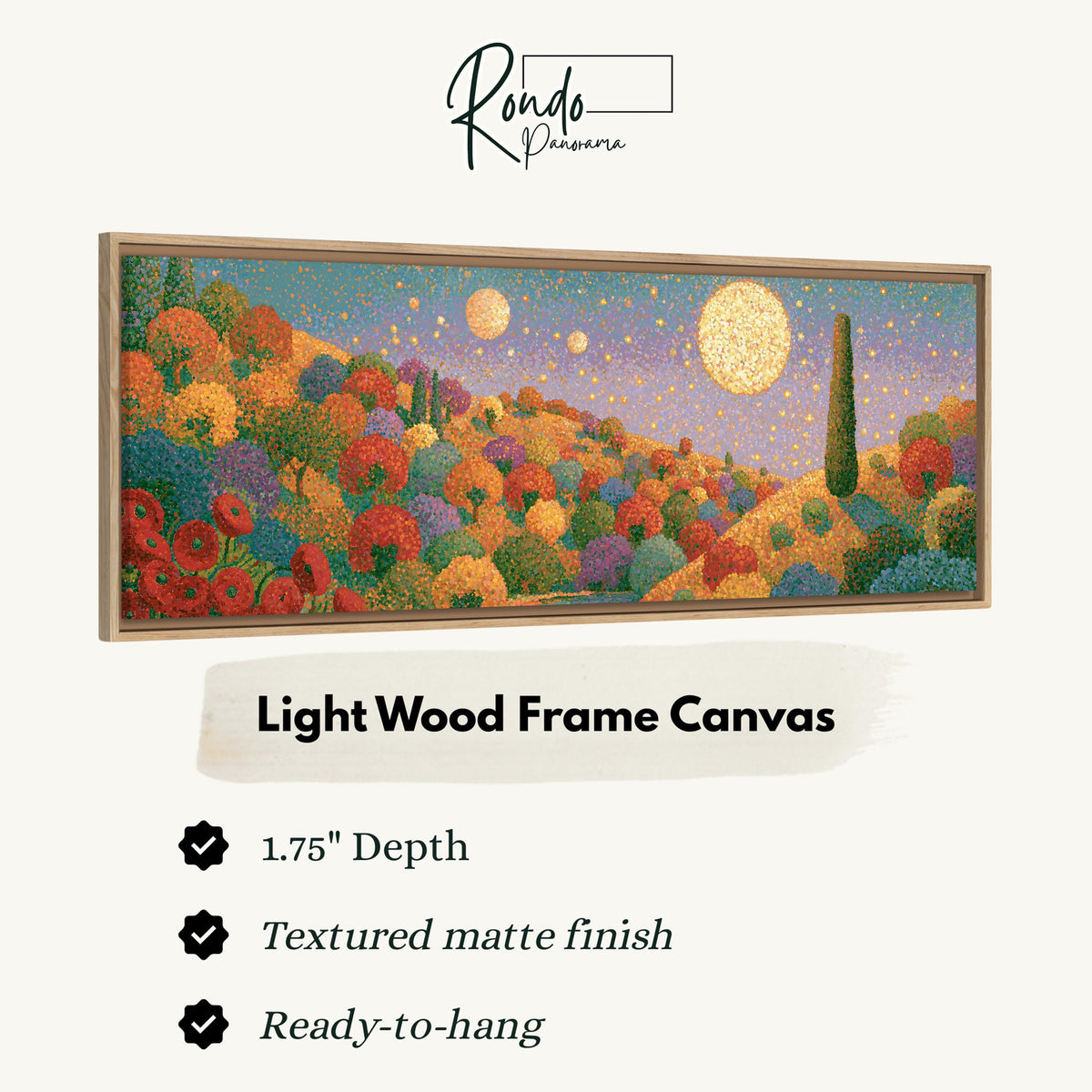 Autumn hillside under glowing moons canvas print in a light wood floating frame