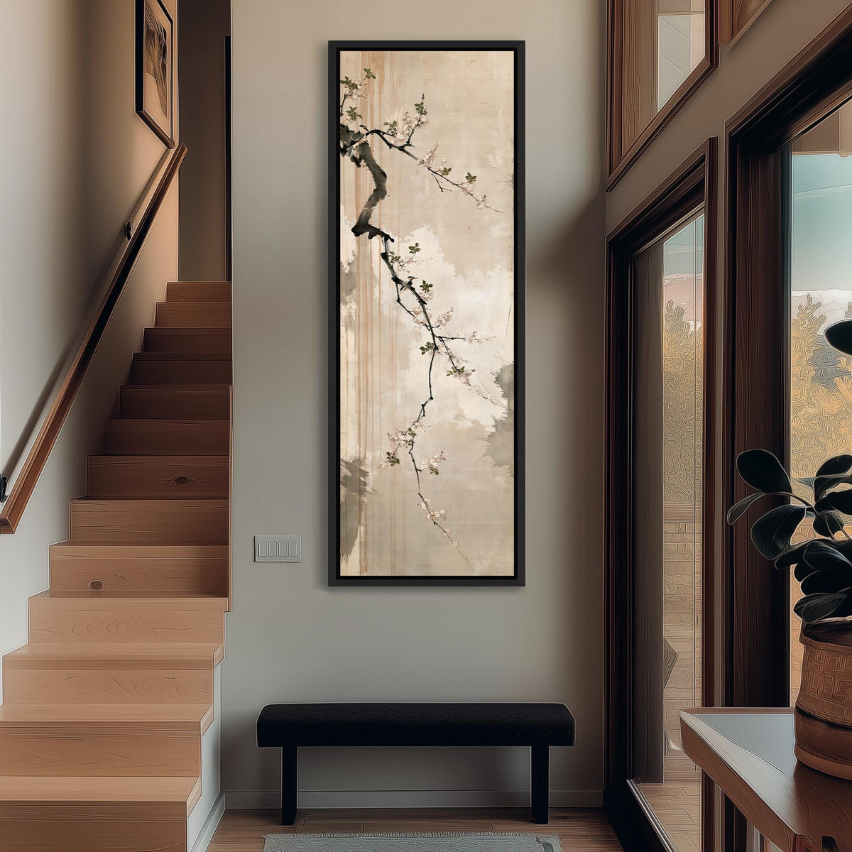 Small birds on a cherry blossom branch tall narrow canvas print beside a staircase in an entryway