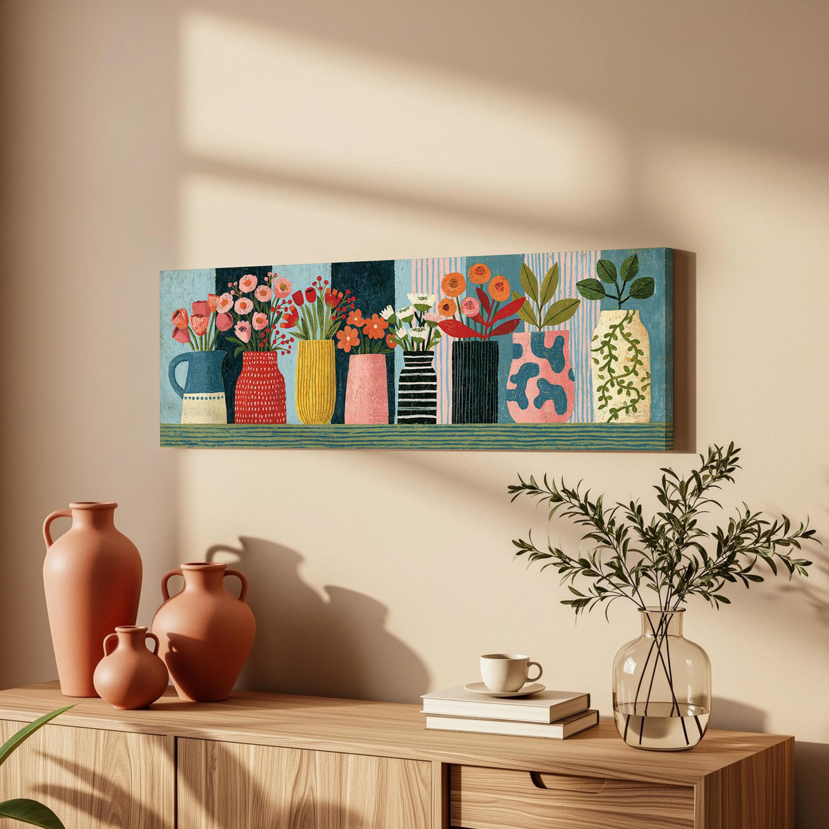 Row of folk art flower vases long horizontal canvas print above a wooden sideboard