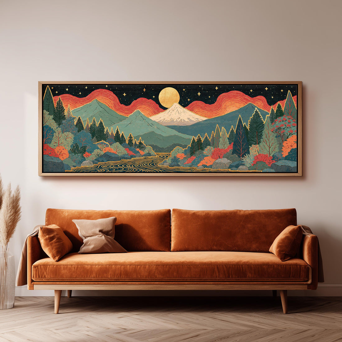 Mystic mountains under a moonrise long horizontal canvas print above a sofa in a living room