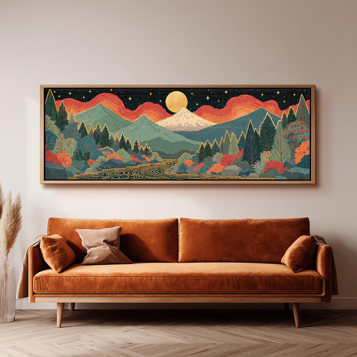 Mystic mountains under a moonrise long horizontal canvas print above a sofa in a living room