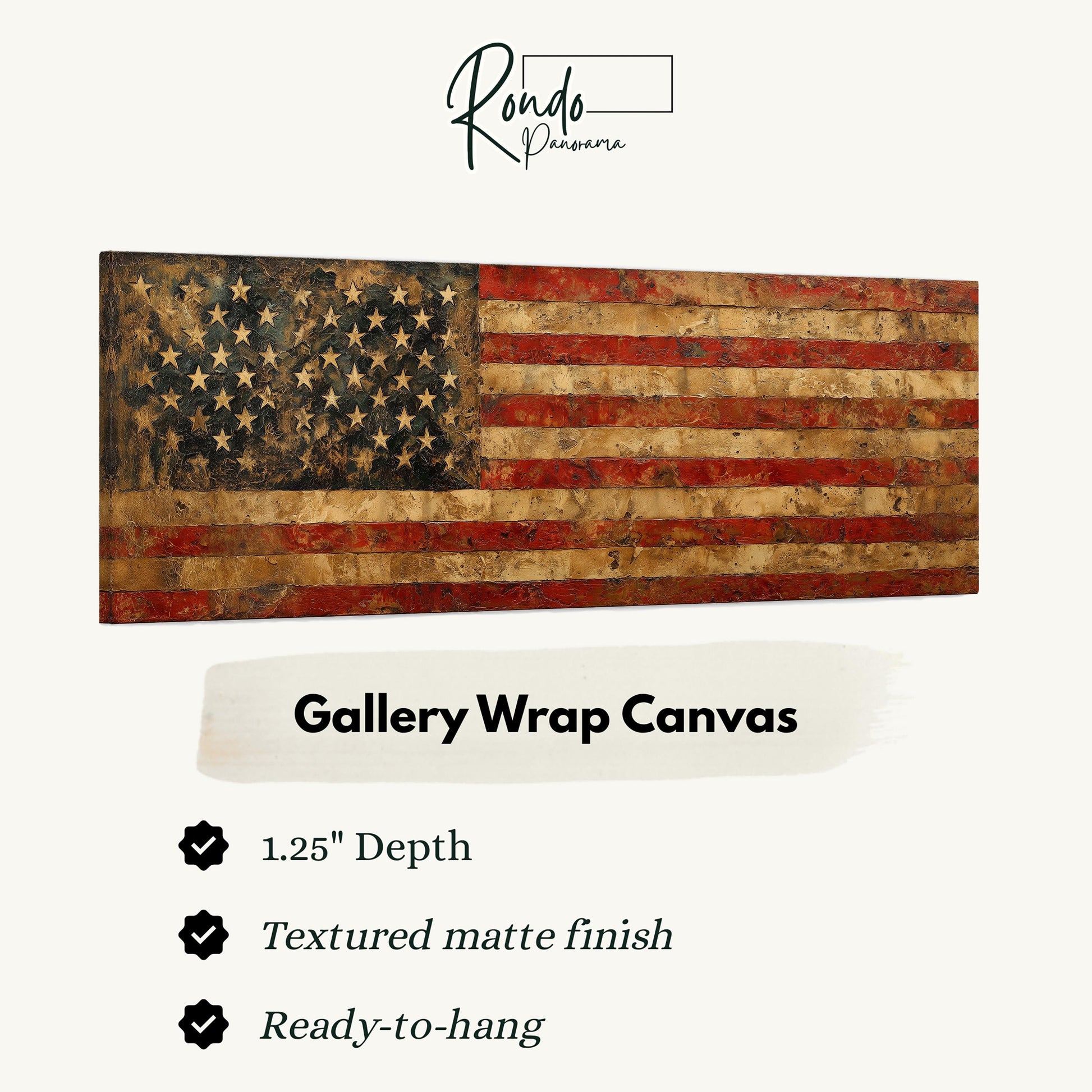a large American flag-themed canvas, which is described as a gallery wrap canvas. It has a 1.25" depth and is textured with a matte finish. The canvas is ready to hang.