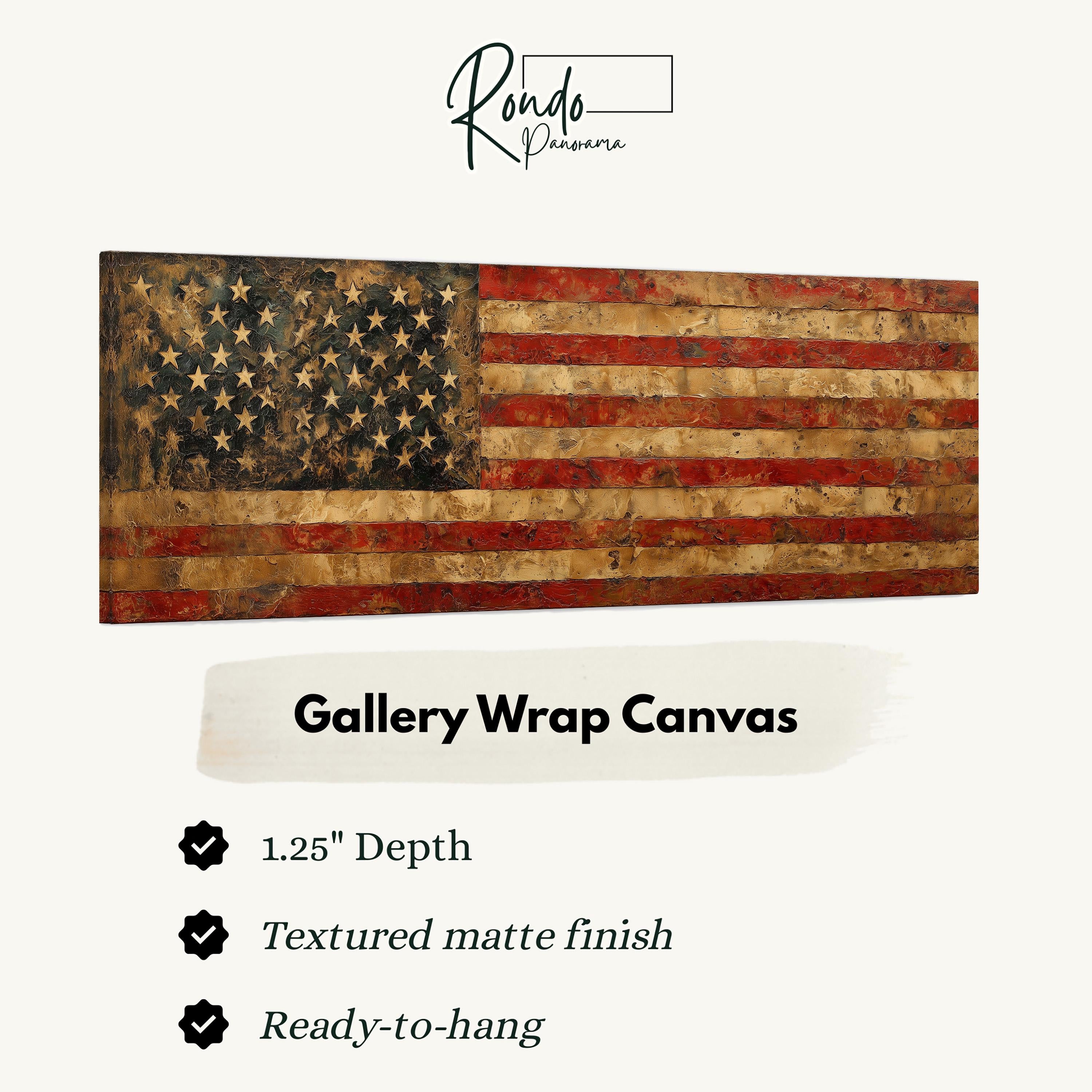 a large American flag-themed canvas, which is described as a gallery wrap canvas. It has a 1.25" depth and is textured with a matte finish. The canvas is ready to hang.