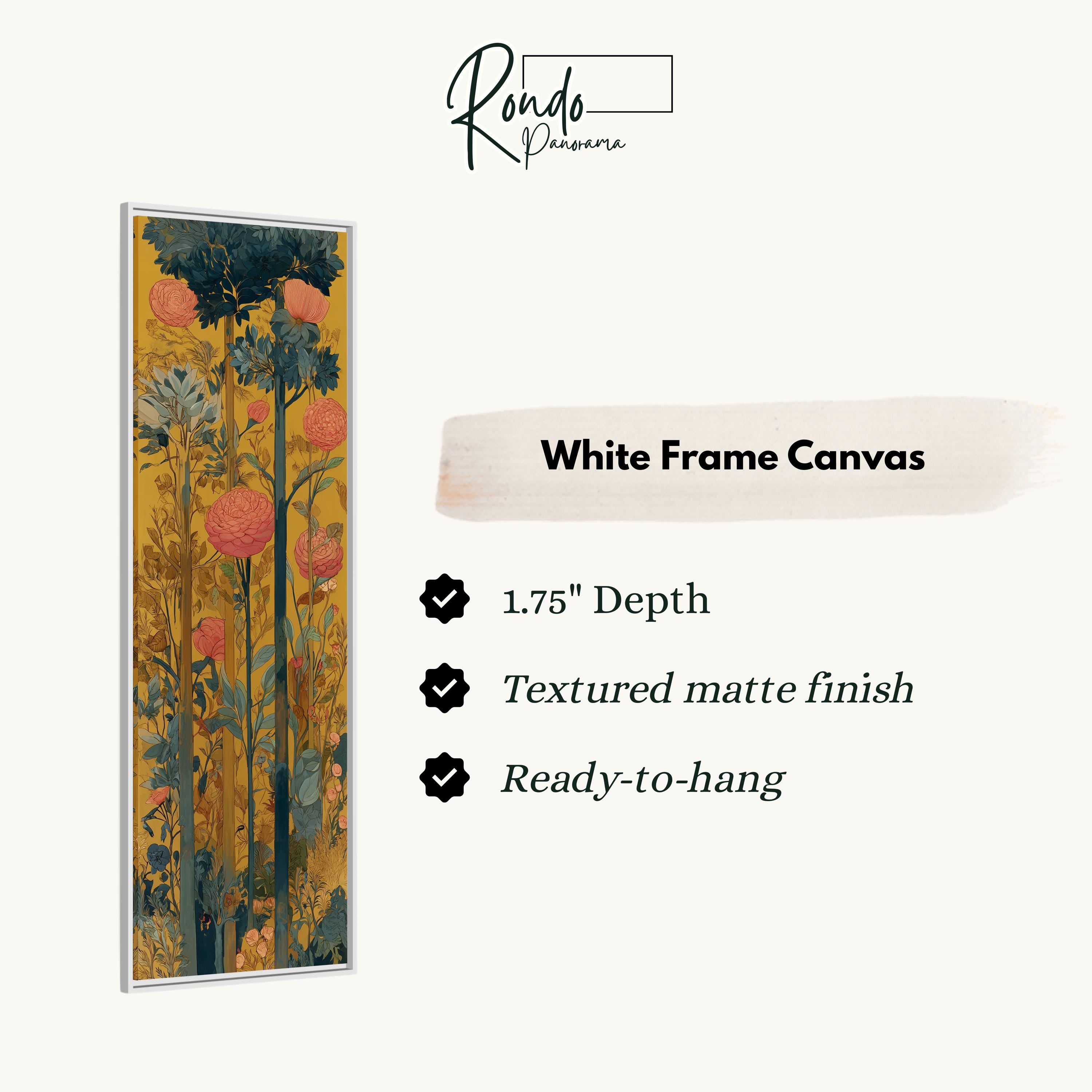 The image is a white frame canvas with a floral design, featuring a variety of flowers and plants.