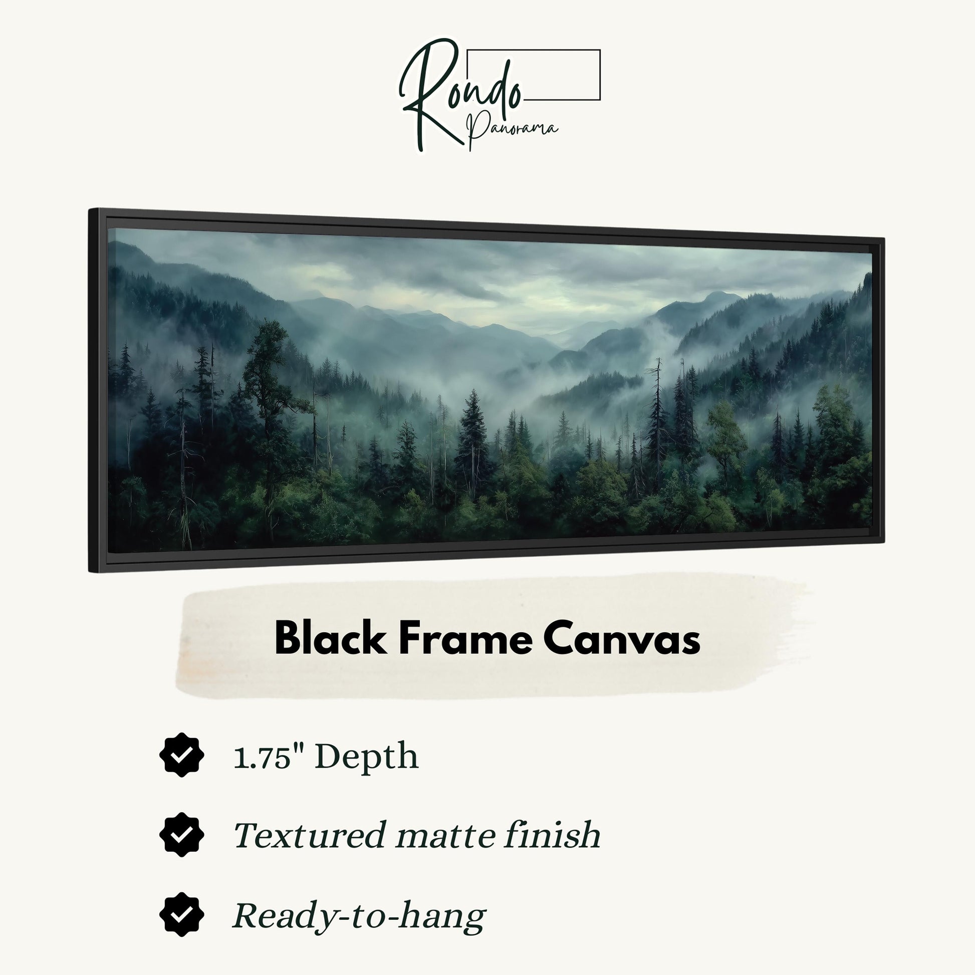 The image is a black frame canvas depicting a forest landscape with misty mountains in the background.