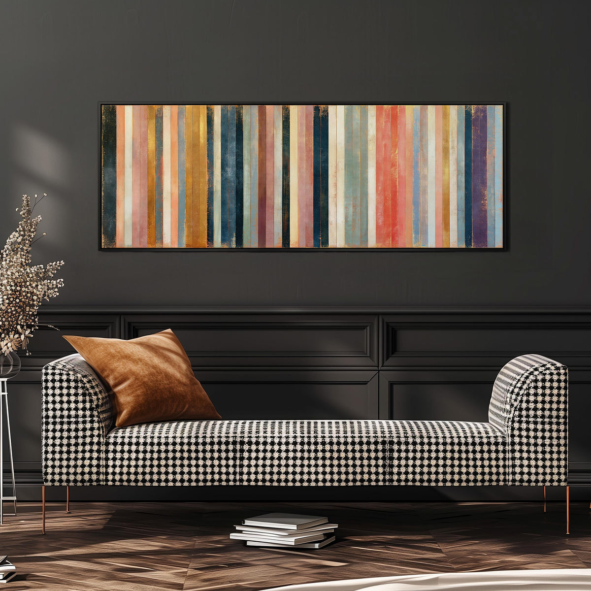 Blush, navy and gold gilded stripes wide panoramic canvas print above a bench in a dark living room