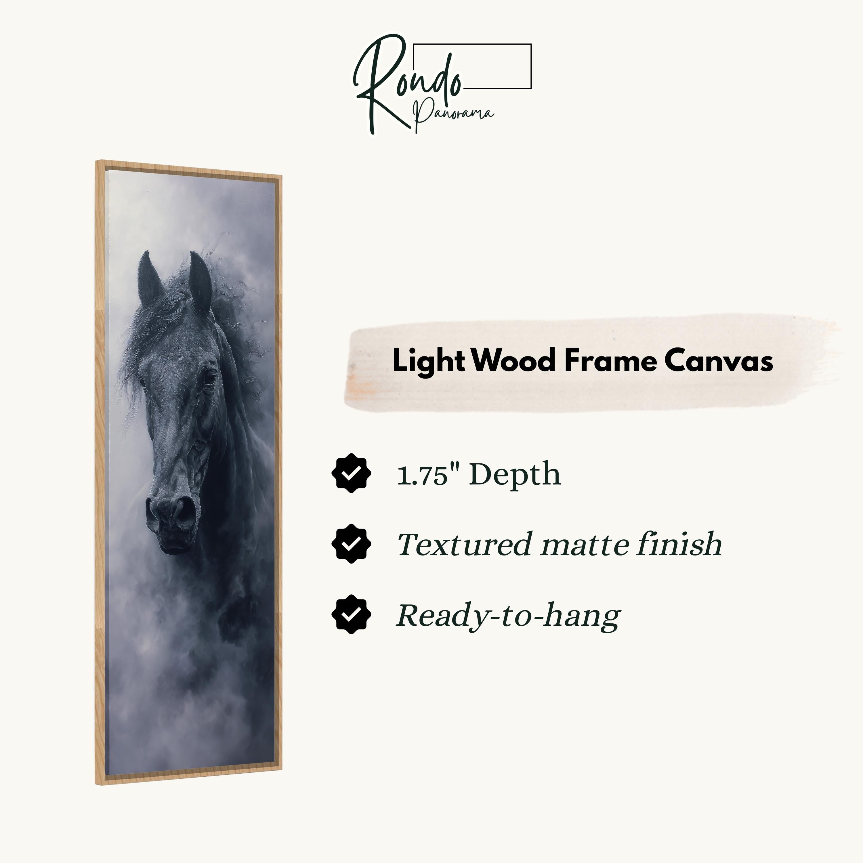 The image is a close-up of a horse's head in a light wood frame, with a text box below it providing information about the frame.