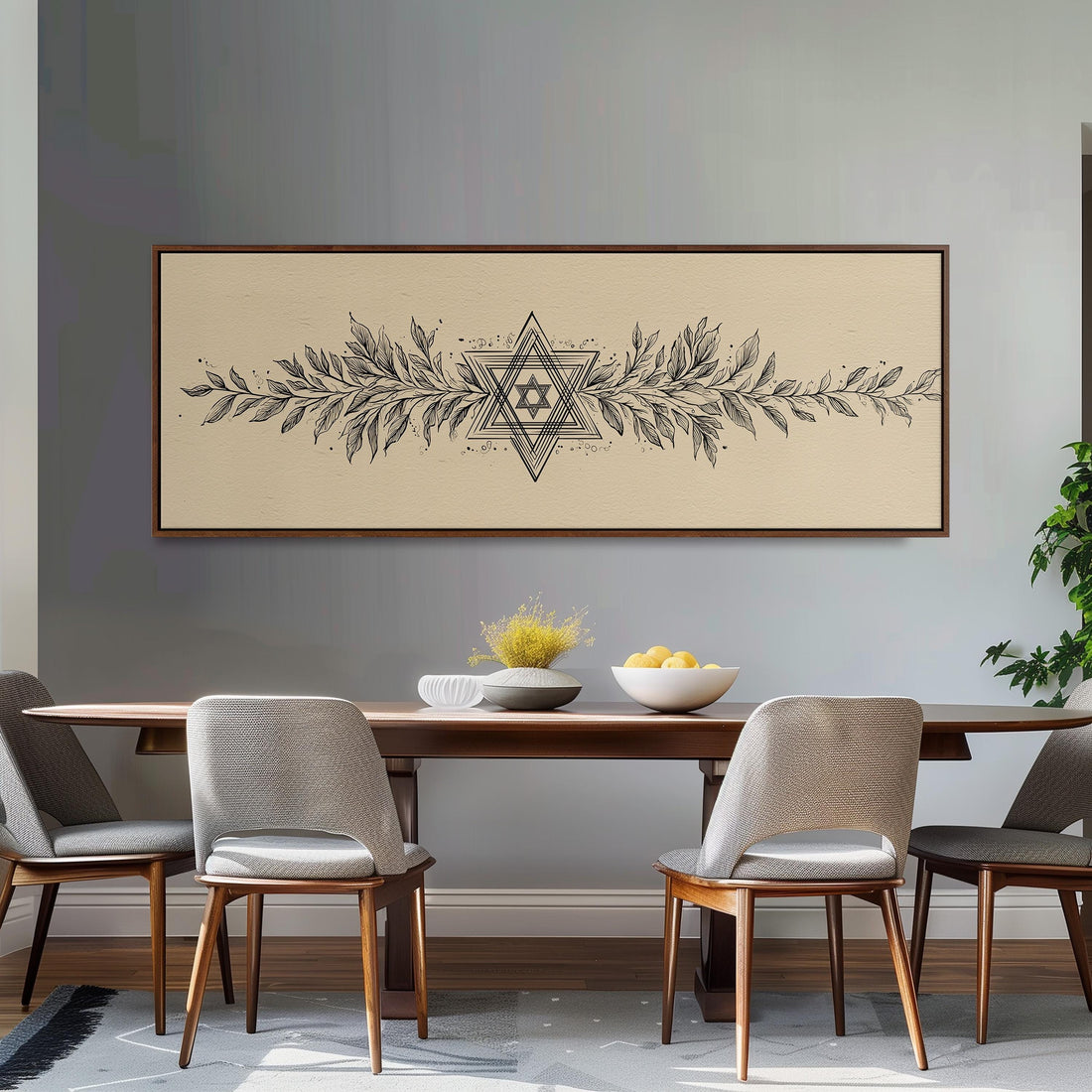 a large, ornate, and detailed painting of a star above a brown sofa with decorative pillows.