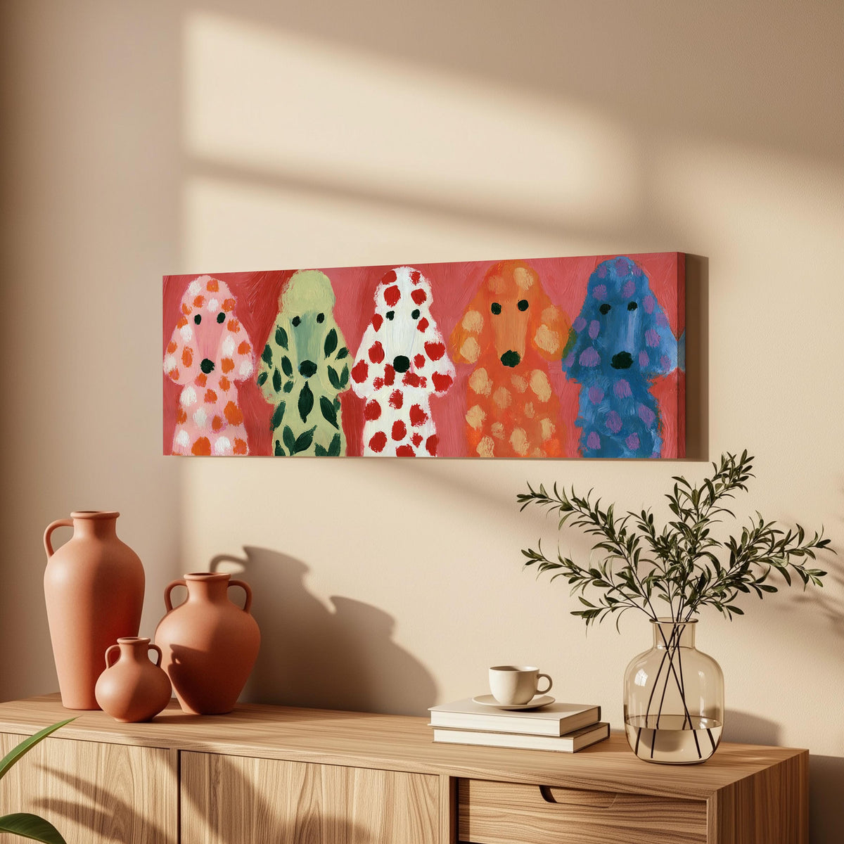 Five colorful poodles long horizontal canvas print above a wooden sideboard