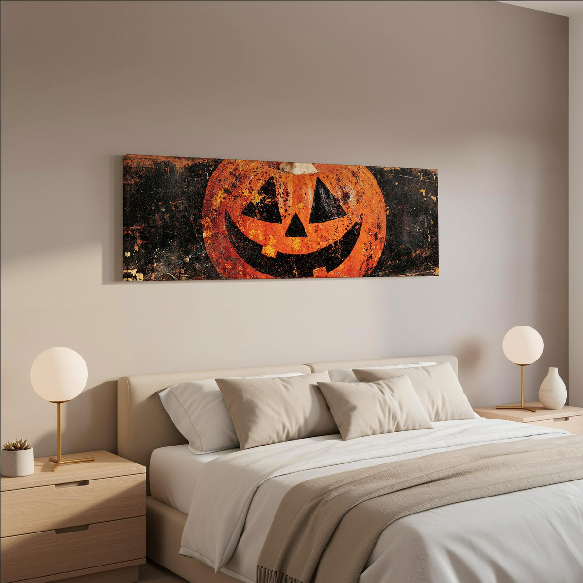 Rustic distressed jack-o'-lantern wide panoramic canvas print above a bed in a neutral bedroom