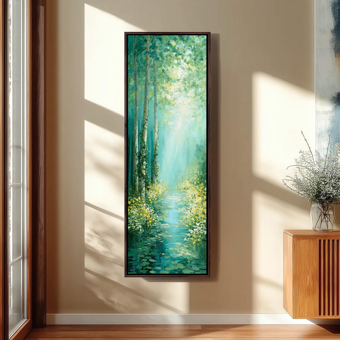 Sunlit stream through a teal forest long vertical canvas print in a sunlit living space