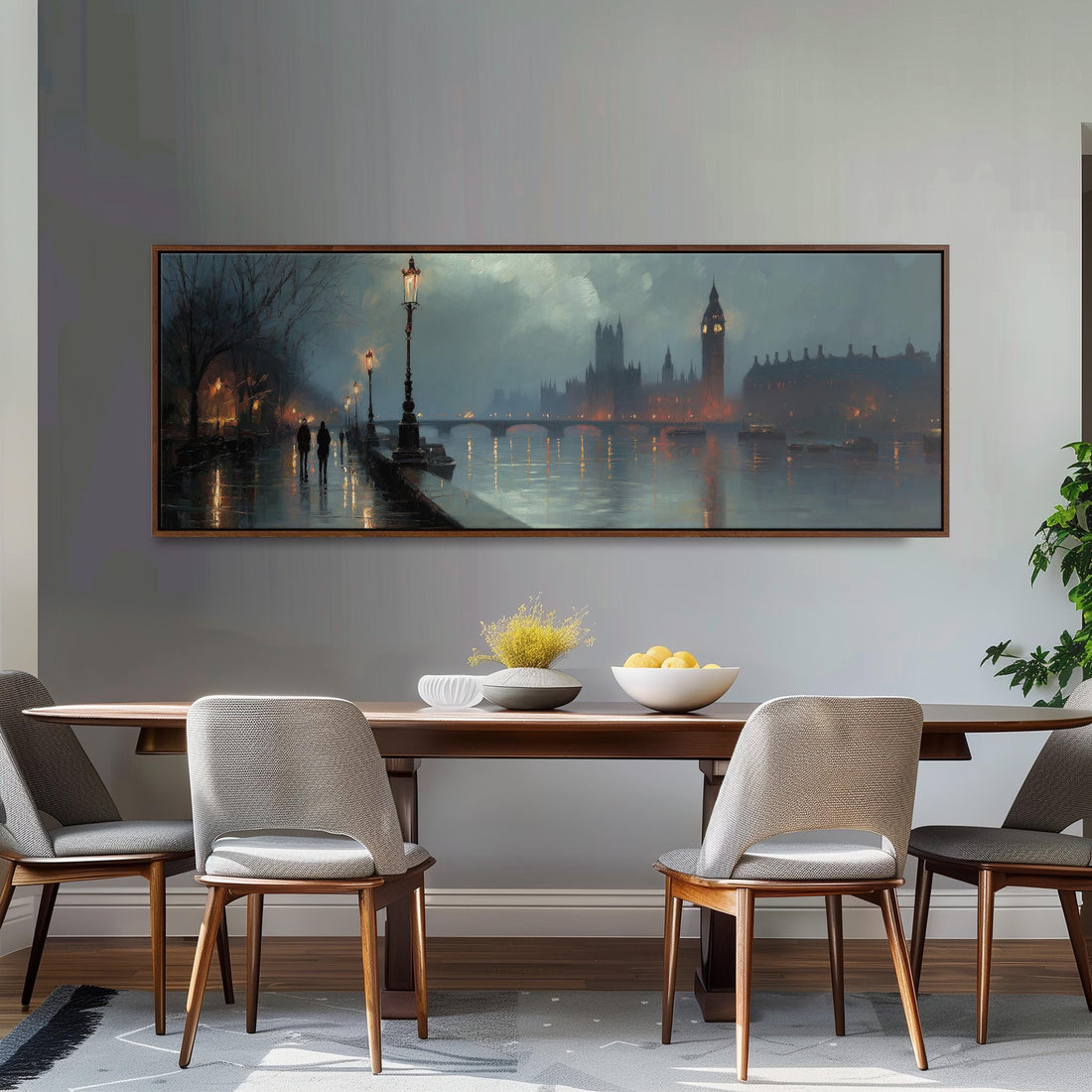 a large, framed painting of a cityscape with a river and a clock tower in the background, hanging on a wall above a black and white checkered sofa.