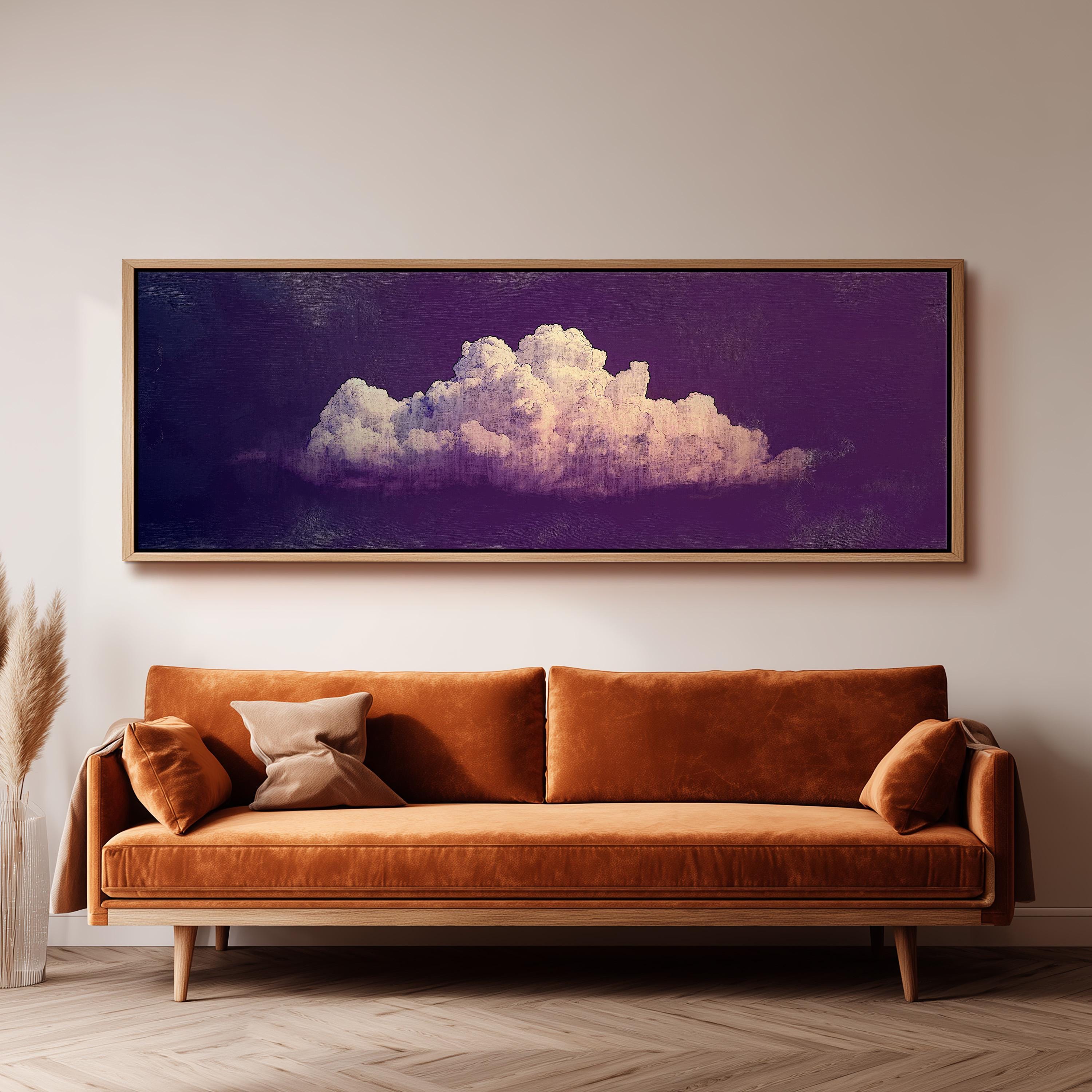 a large, framed painting of a cloud hanging on a wall above a brown sofa.