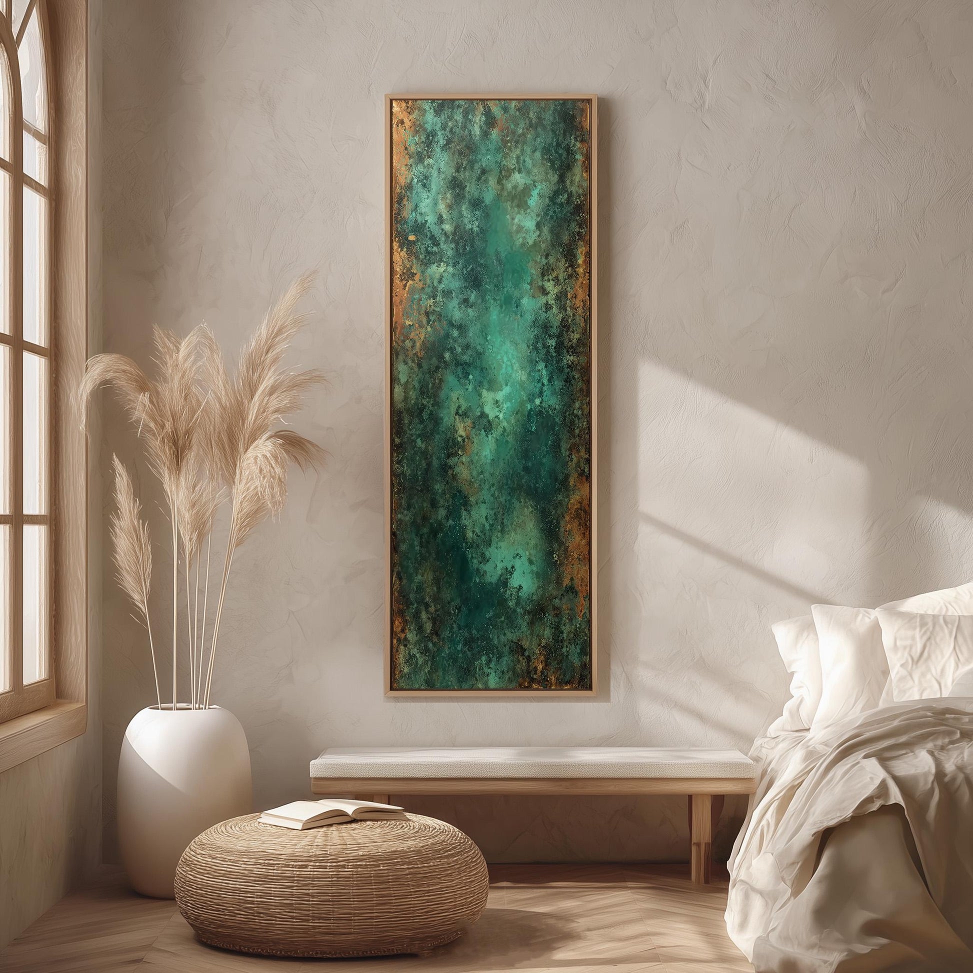 a serene and minimalist bedroom with a large window, a white bed, a wooden bench, a woven ottoman, and a large abstract painting on the wall.