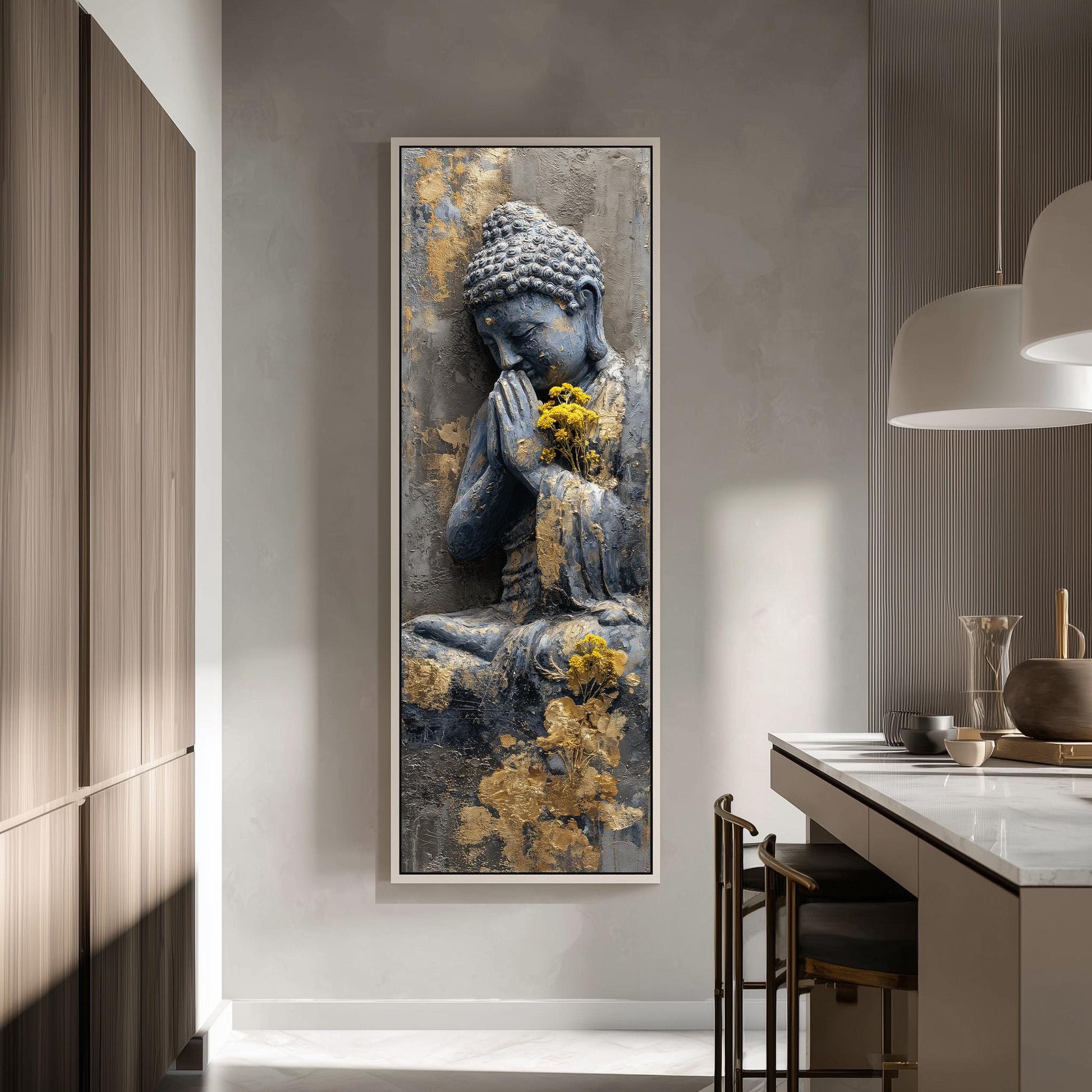 a large framed painting of a Buddha statue with flowers hanging from its hands, displayed on a wall in a modern, minimalist interior setting.