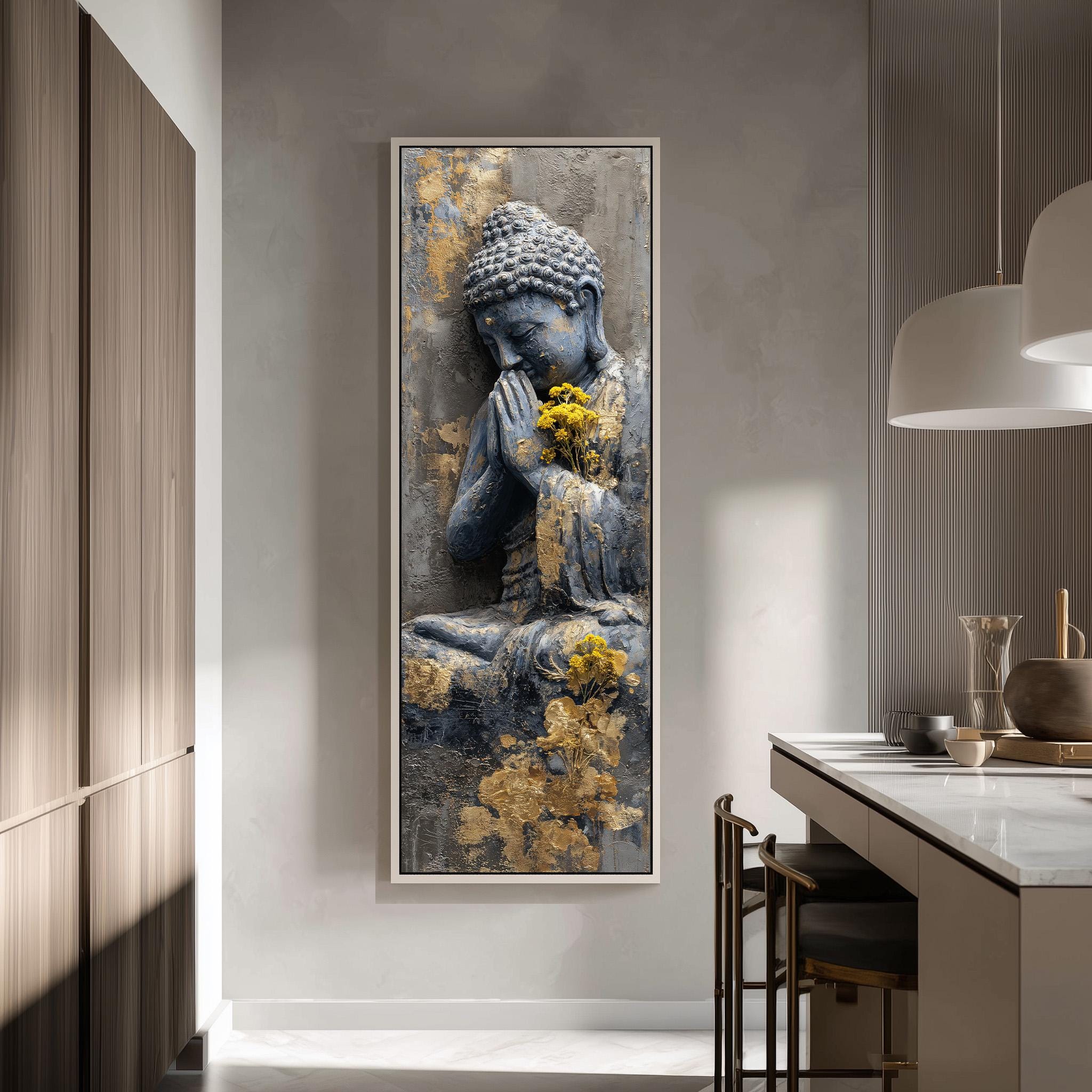 a large framed painting of a Buddha statue with flowers hanging from its hands, displayed on a wall in a modern, minimalist interior setting.