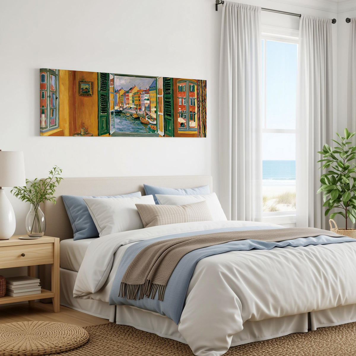Copenhagen's colorful canal through a window panoramic canvas print above a bed in a coastal bedroom