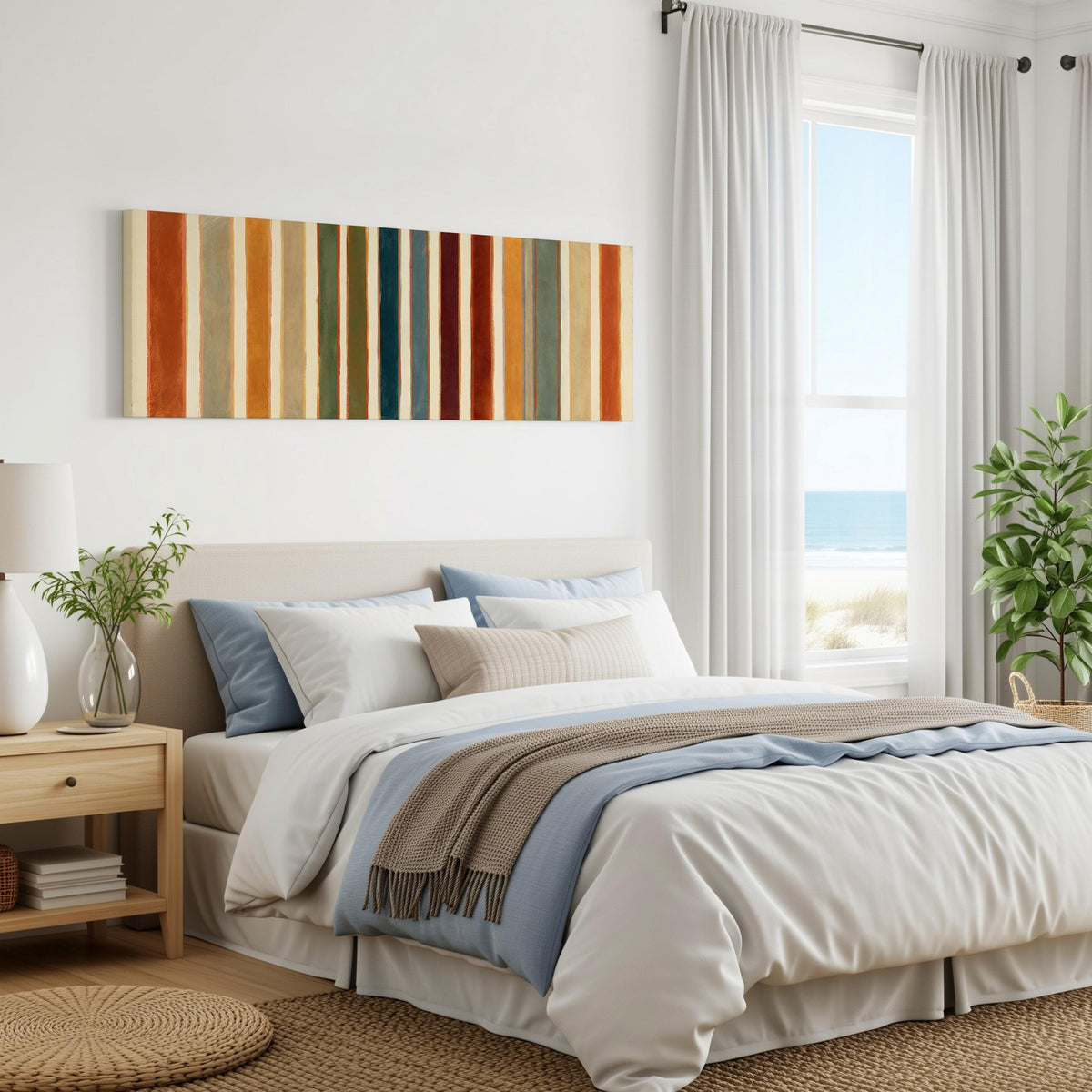 Rust, sage, maroon and teal stripes panoramic canvas print above a bed in a coastal bedroom