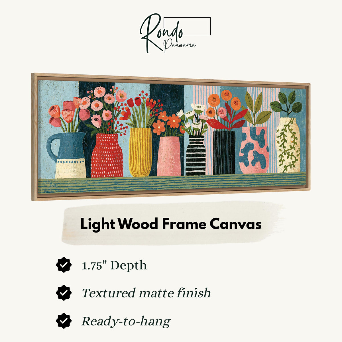 Row of folk art flower vases canvas print in a light wood floating frame