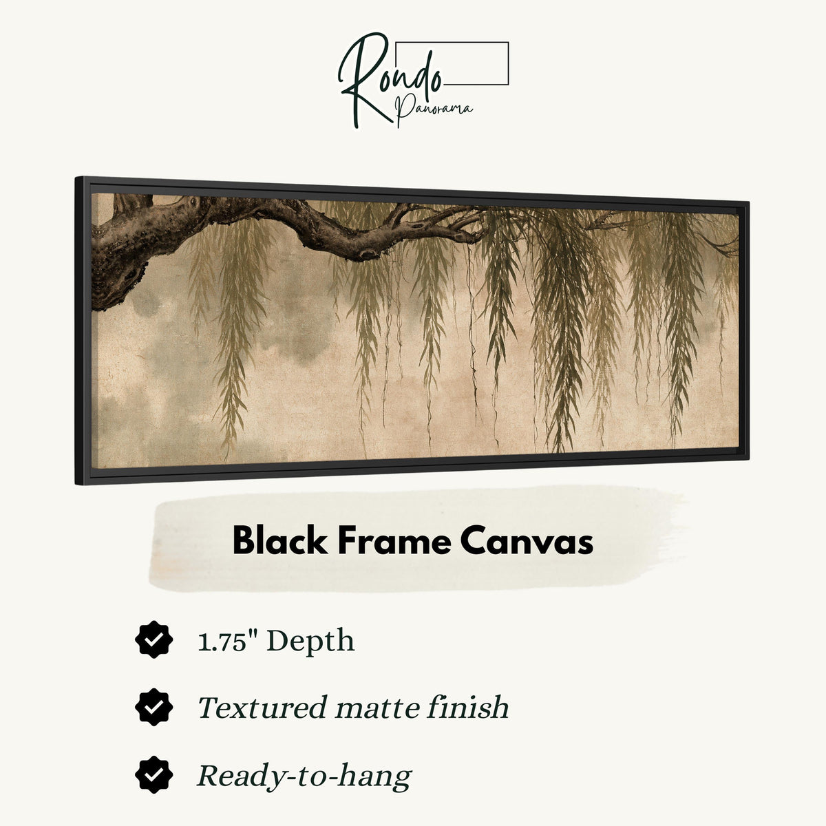 Hanging willow branches canvas print in a black floating frame