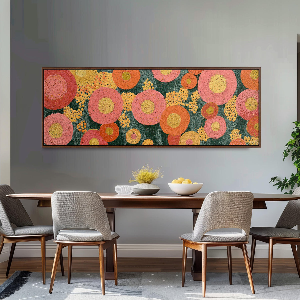 Pink circle blooms long horizontal canvas print above a dining table