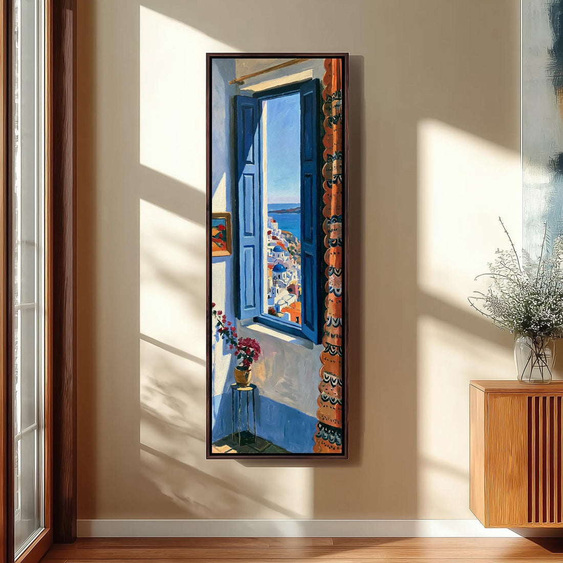 Santorini seen through a tall blue window long vertical canvas print in a sunlit living space