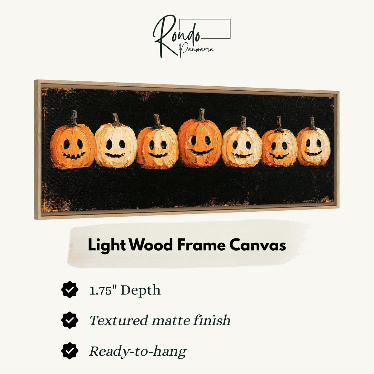 Row of smiling jack-o'-lanterns canvas print in a light wood floating frame